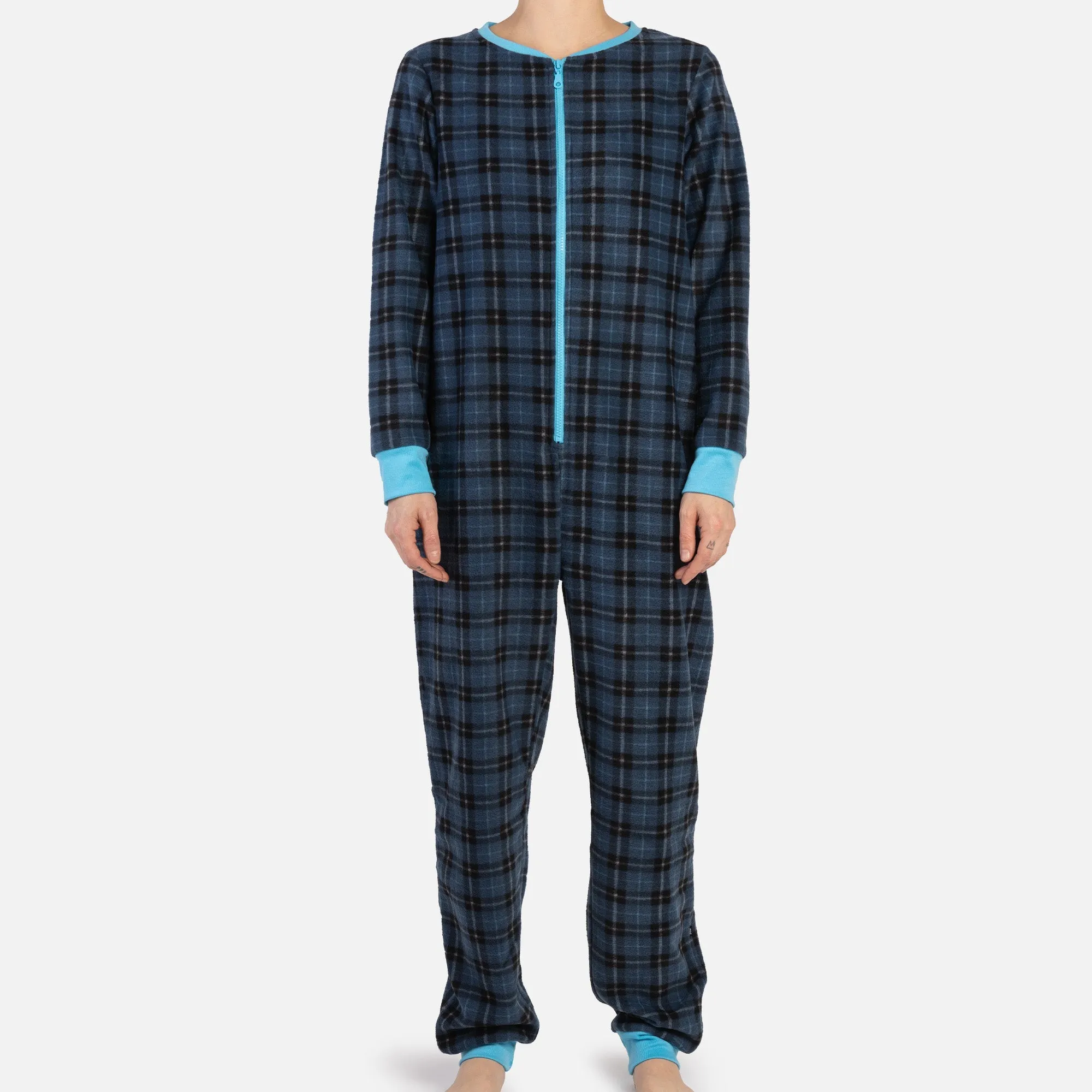 🔵 Matching Blue Plaid Human Onesie – Cozy Zip-Up Pajamas for Pet Parents