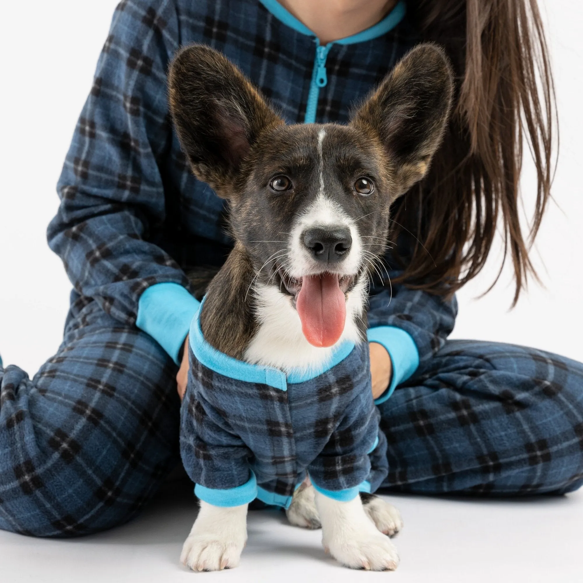 🔵 Matching Blue Plaid Human Onesie – Cozy Zip-Up Pajamas for Pet Parents