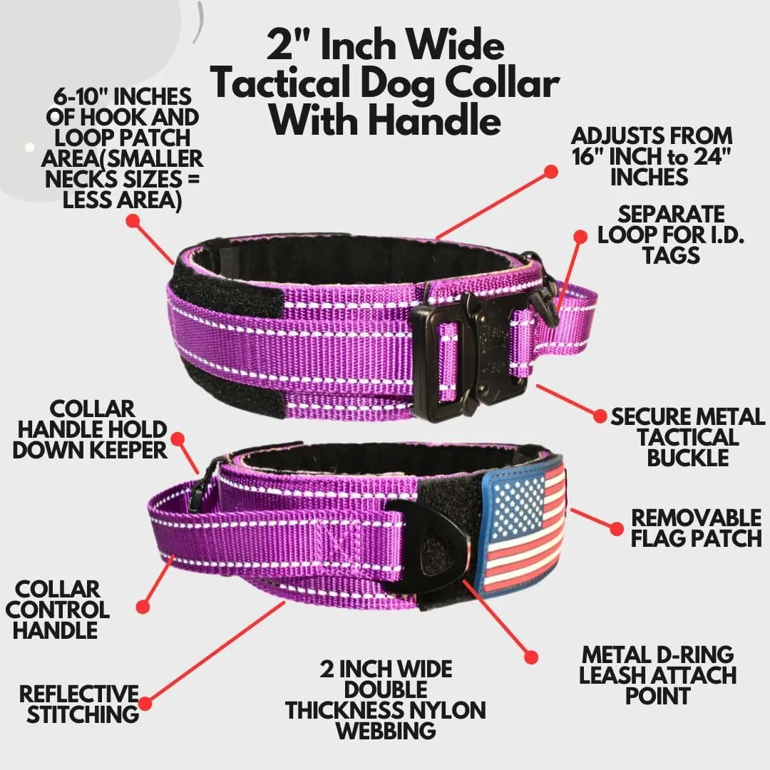 2-Inch Wide Tactical Dog Collar with Control Handle, Adjustable for Medium & Large Dogs, Military Style with Heavy-Duty Metal Buckle, USA Flag Patch & Customizable Name Plate, Training & Everyday Use