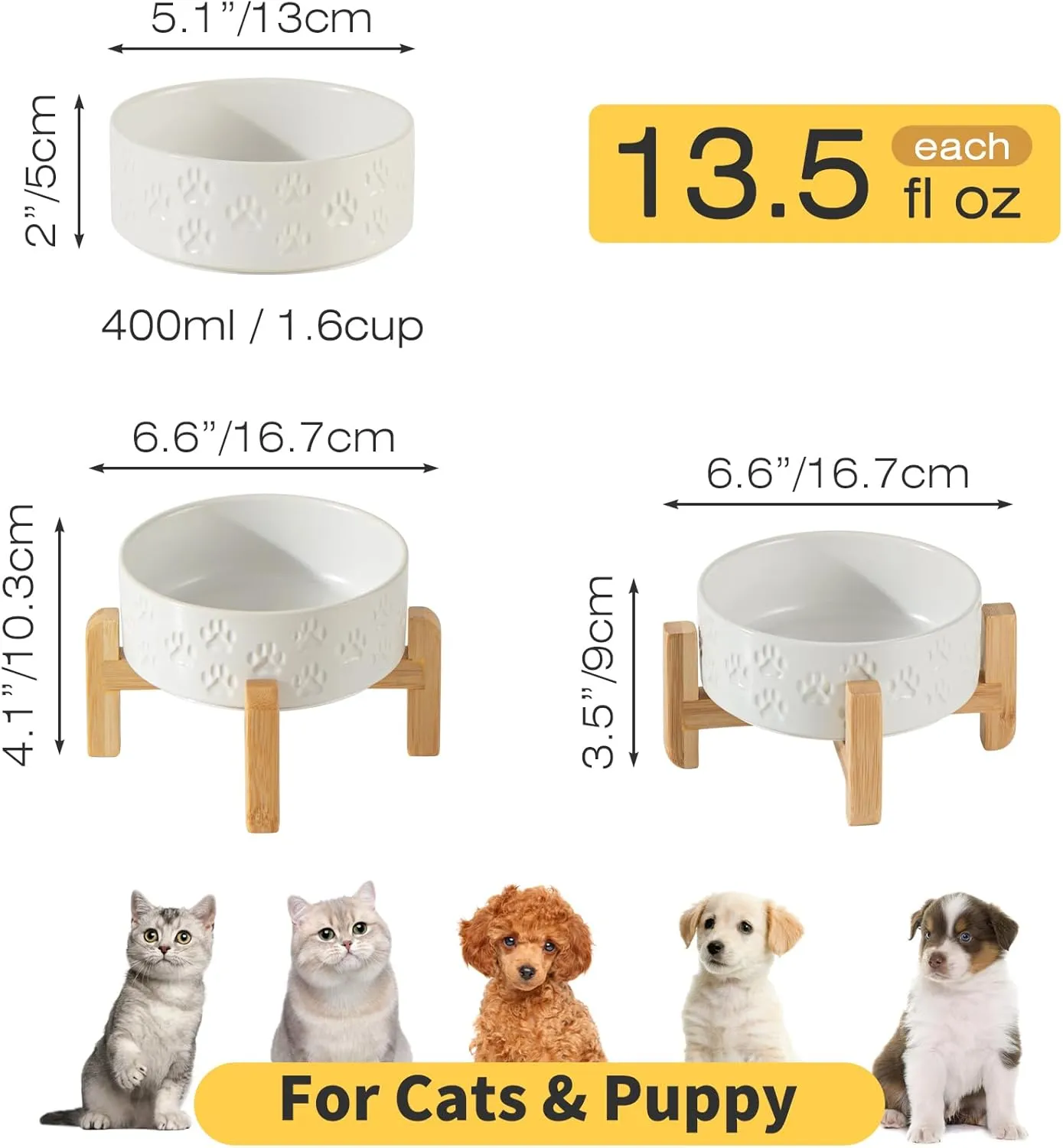 2 Pack Elevated Ceramic Dog Bowls, 5.1 inch Raised Dog Bowl Stand, 2-Height Adjustable for Toy Breed Dogs, Cats, Puppy, Protects Cervical Spine (Double Bowls   Double Stands - White, 5.1 inch)