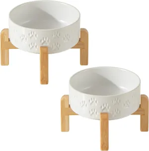 2 Pack Elevated Ceramic Dog Bowls, 5.1 inch Raised Dog Bowl Stand, 2-Height Adjustable for Toy Breed Dogs, Cats, Puppy, Protects Cervical Spine (Double Bowls   Double Stands - White, 5.1 inch)