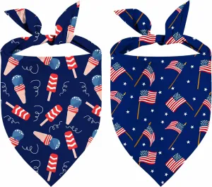 4th of July Dog Bandanas, Patriotic Pet Decorations 2 Pack, Adjustable Independence Day Holiday Party Bandana American Flag Triangle Bibs Cat Scarf Set