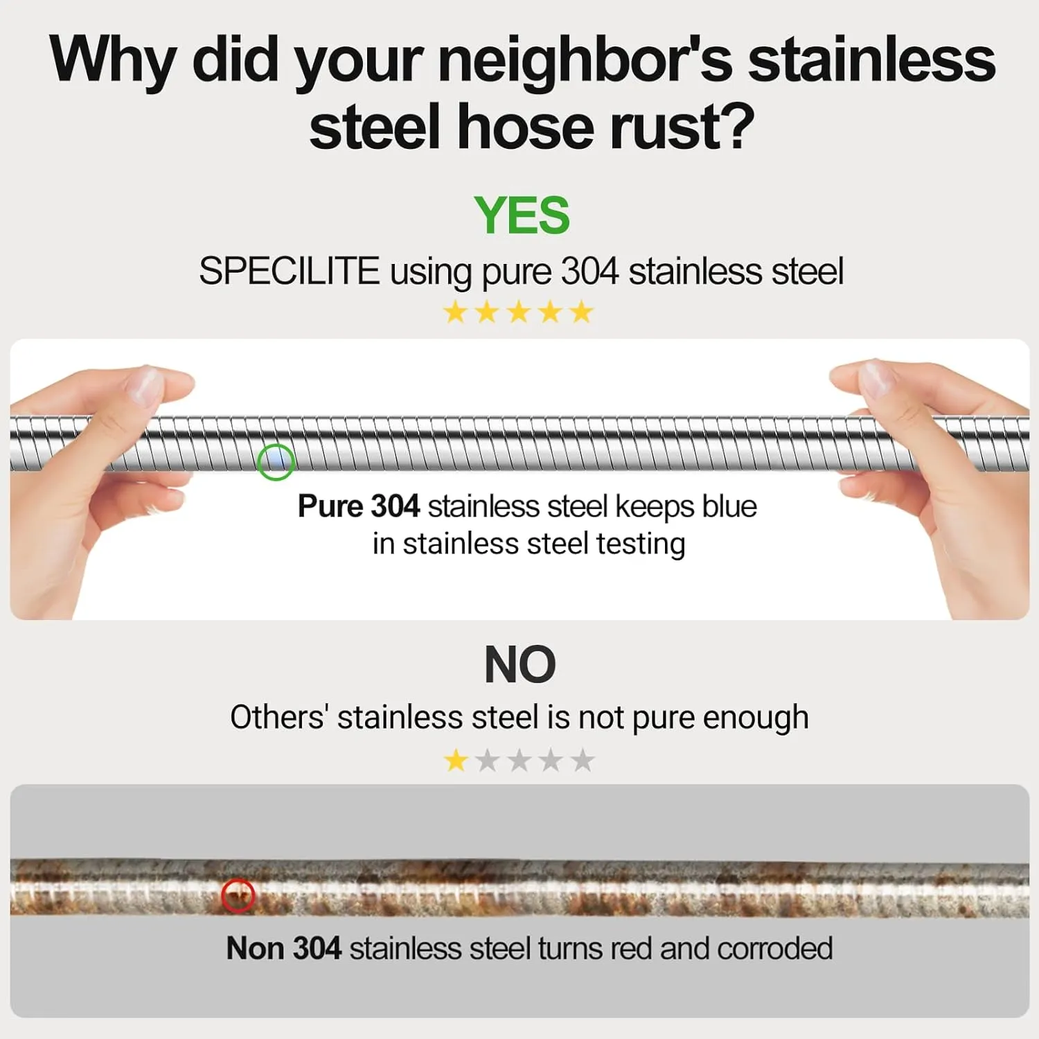 50ft 304 Stainless Steel Garden Hose Metal, Heavy Duty Water Pipe with Nozzles for Yard, Outdoor - Flexible, Never Kink & Tangle, Puncture Resistant (Sliver)