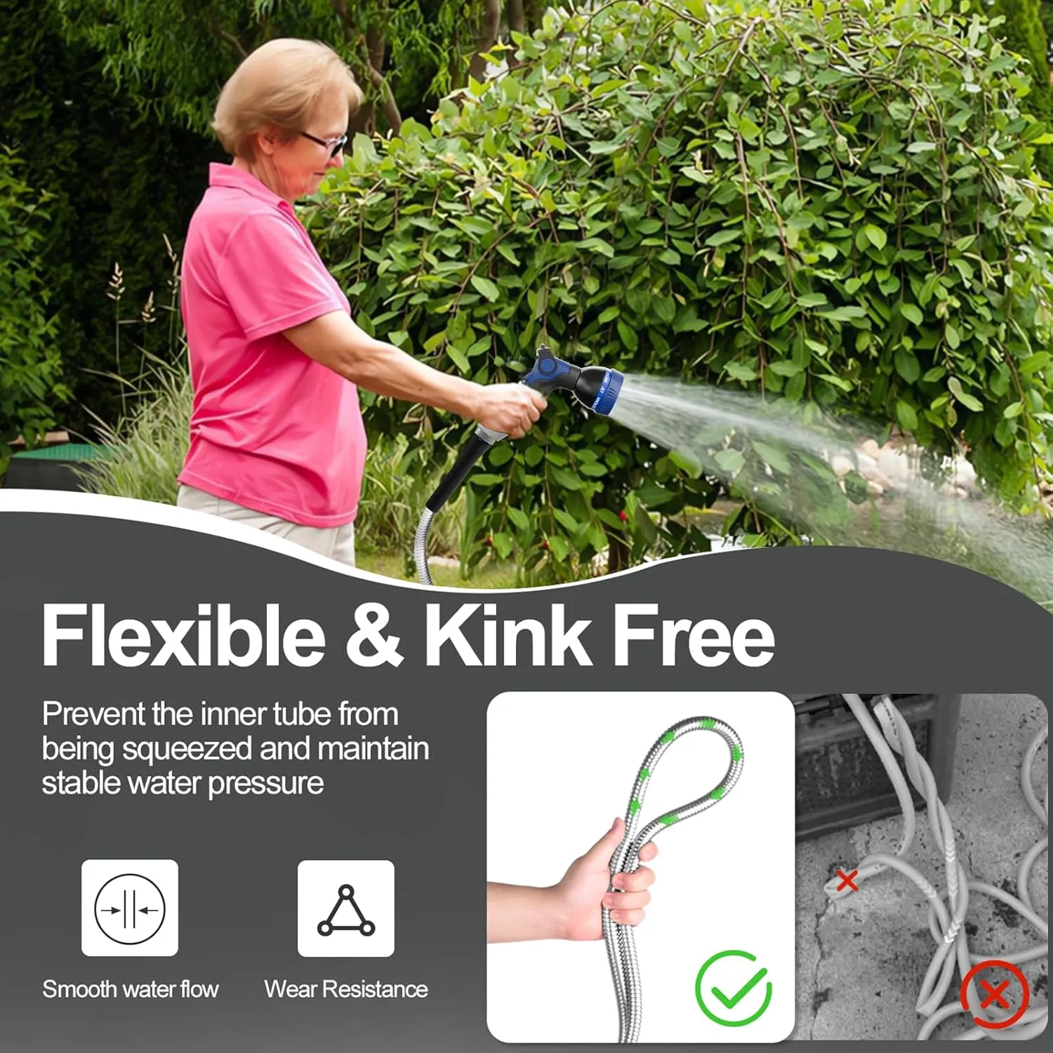 50ft 304 Stainless Steel Garden Hose Metal, Heavy Duty Water Pipe with Nozzles for Yard, Outdoor - Flexible, Never Kink & Tangle, Puncture Resistant (Sliver)