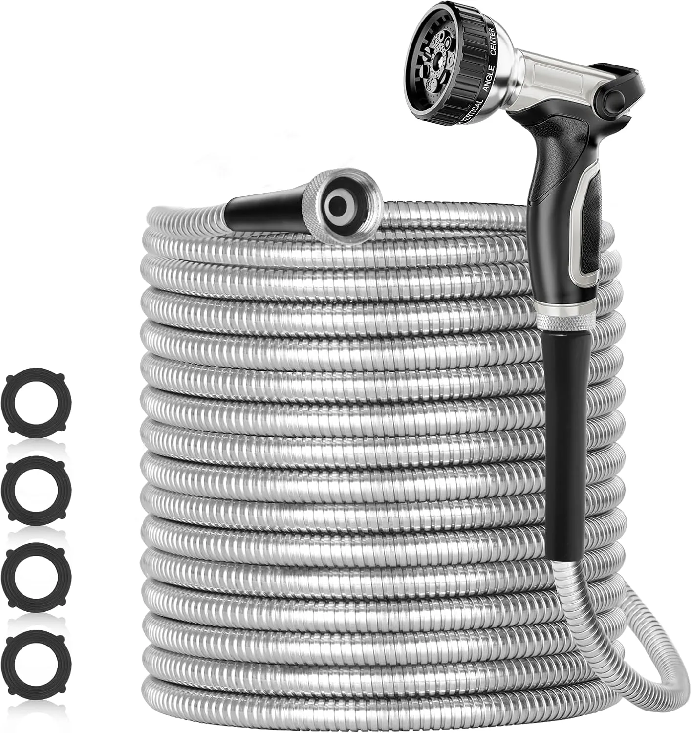 50ft 304 Stainless Steel Garden Hose Metal, Heavy Duty Water Pipe with Nozzles for Yard, Outdoor - Flexible, Never Kink & Tangle, Puncture Resistant (Sliver)