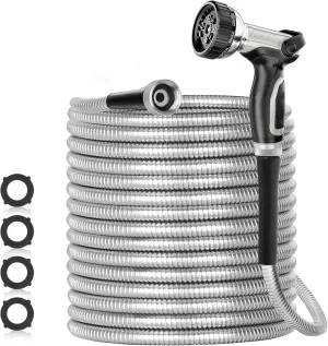 50ft 304 Stainless Steel Garden Hose Metal, Heavy Duty Water Pipe with Nozzles for Yard, Outdoor - Flexible, Never Kink & Tangle, Puncture Resistant (Sliver)