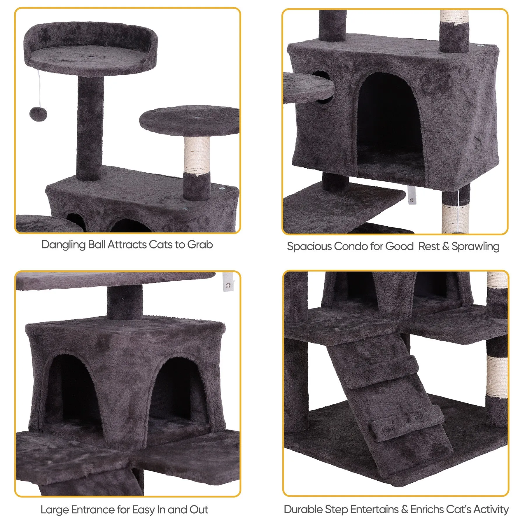 55''H Multi-Level Cat Tree Condo W/Scratching Post Tower & Perch, Play House