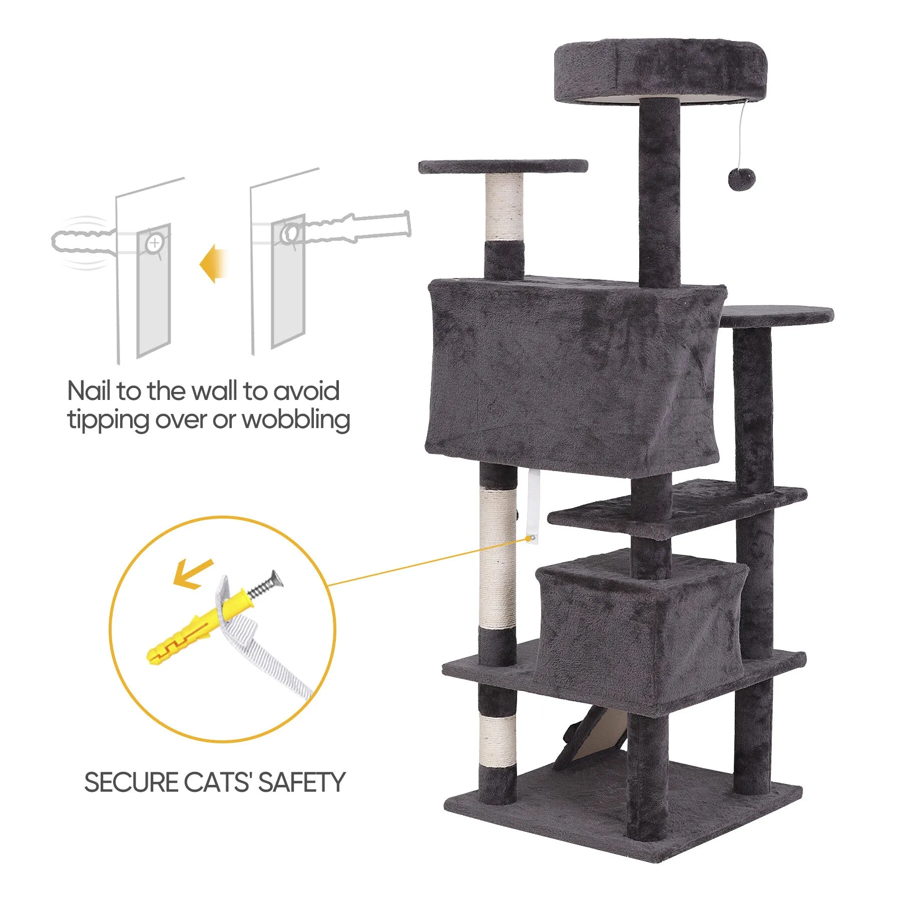 55''H Multi-Level Cat Tree Condo W/Scratching Post Tower & Perch, Play House