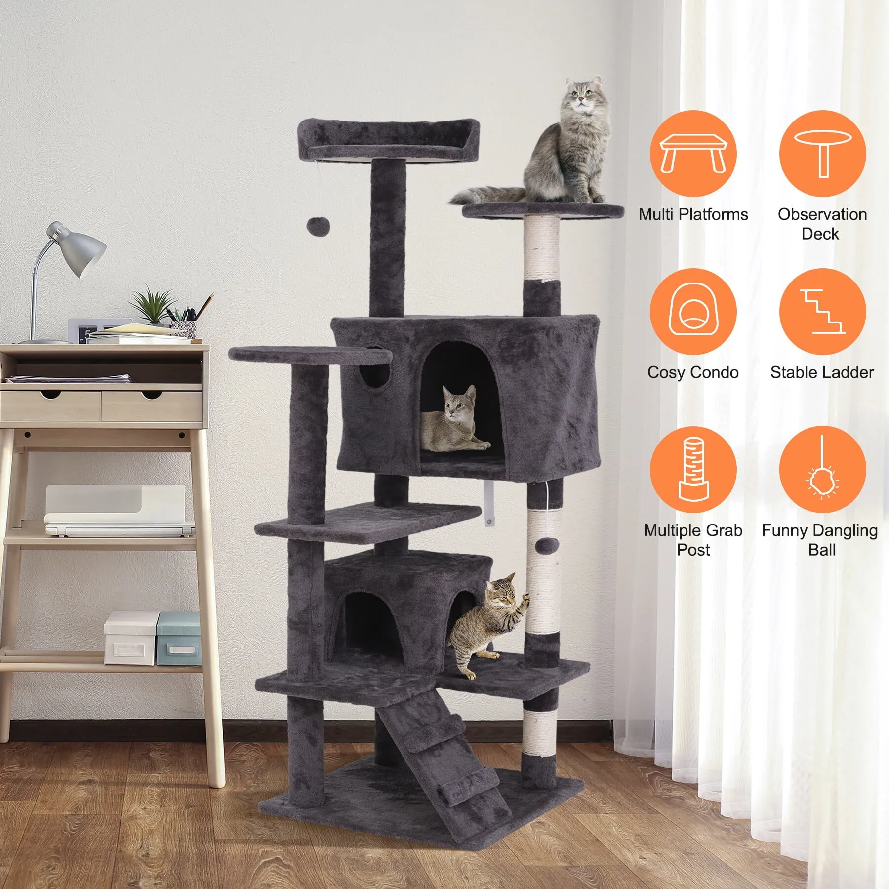 55''H Multi-Level Cat Tree Condo W/Scratching Post Tower & Perch, Play House
