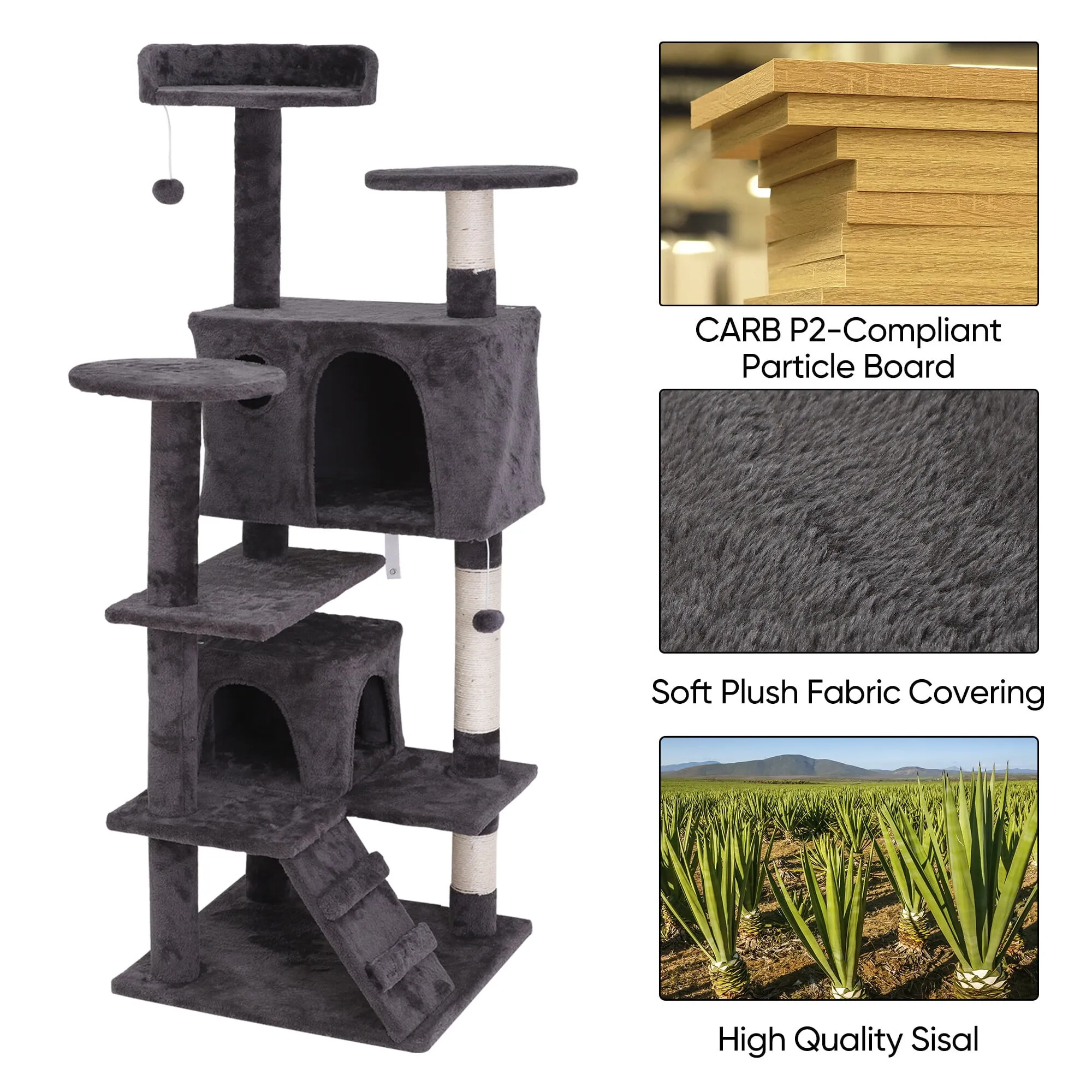 55''H Multi-Level Cat Tree Condo W/Scratching Post Tower & Perch, Play House