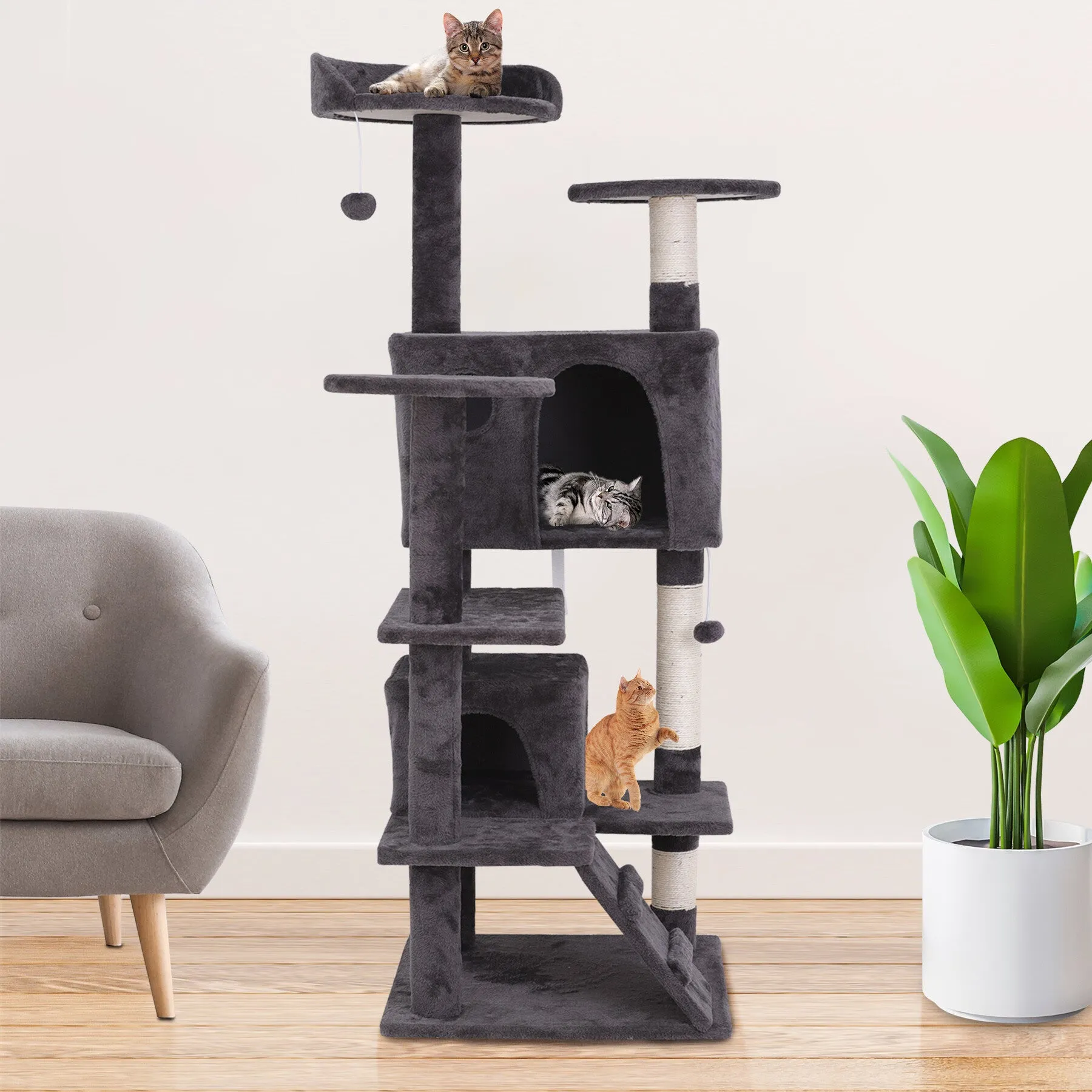 55''H Multi-Level Cat Tree Condo W/Scratching Post Tower & Perch, Play House