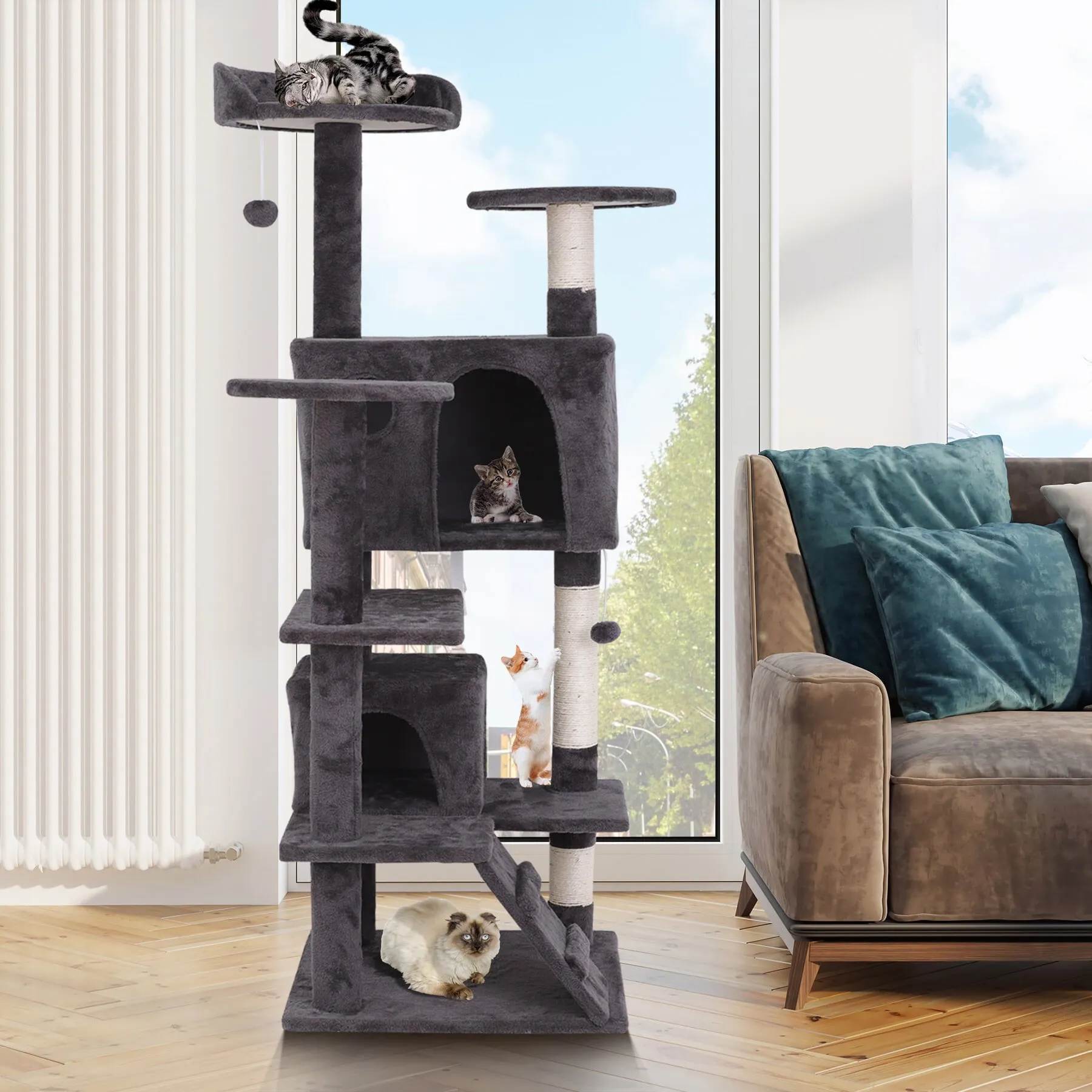 55''H Multi-Level Cat Tree Condo W/Scratching Post Tower & Perch, Play House