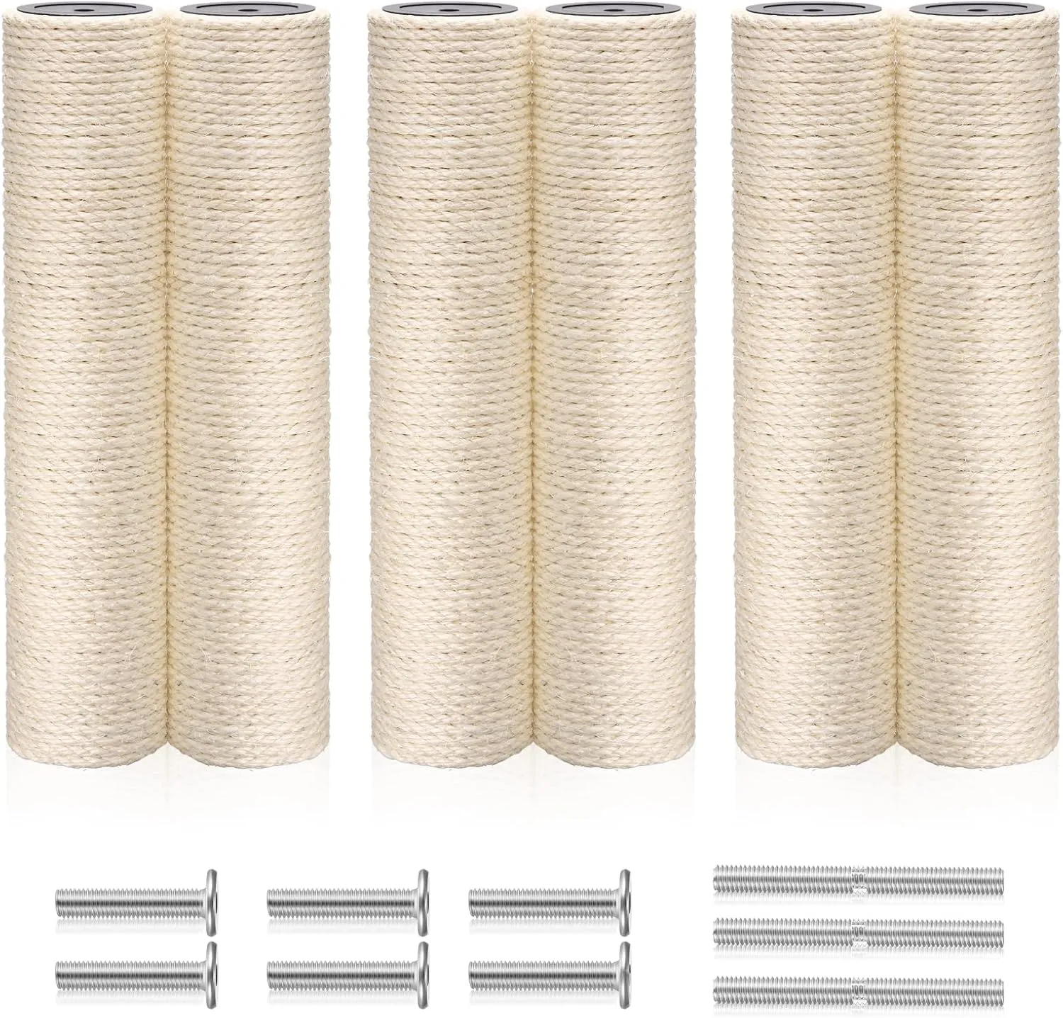 6 Pack Cat Scratching Post Replacement, White Hemp Rope Refill Scratching Post Cat Tree DIY Spare Cat Scratcher Large Cat Tower Refurbishment for Indoor Cats with M8 Screws, 3.5 x 15.8 Inches
