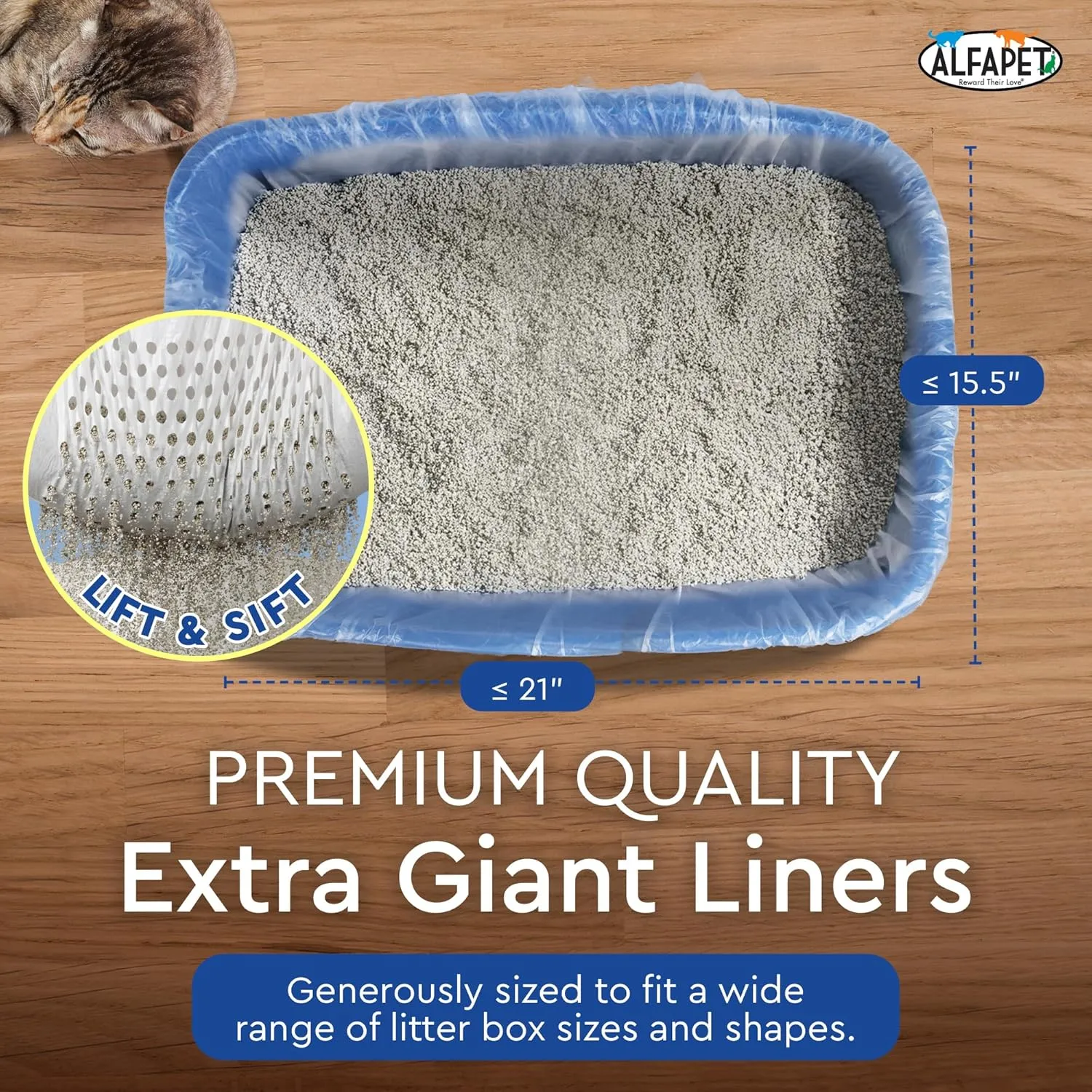 Alfapet Original Sifting Cat Litter Box Liners - Extra Giant 60 Count - Tear-Resistant Cat Litter Bags - Waterproof Kitty Litter Liners - Fits Almost All Litterbox Pan Sizes, 40" x 38", 30 lb Capacity