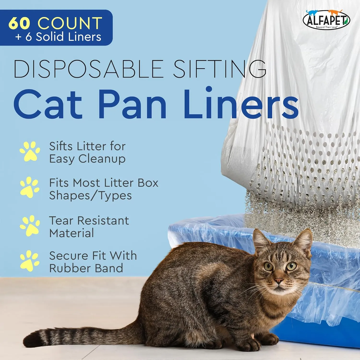 Alfapet Original Sifting Cat Litter Box Liners - Extra Giant 60 Count - Tear-Resistant Cat Litter Bags - Waterproof Kitty Litter Liners - Fits Almost All Litterbox Pan Sizes, 40" x 38", 30 lb Capacity