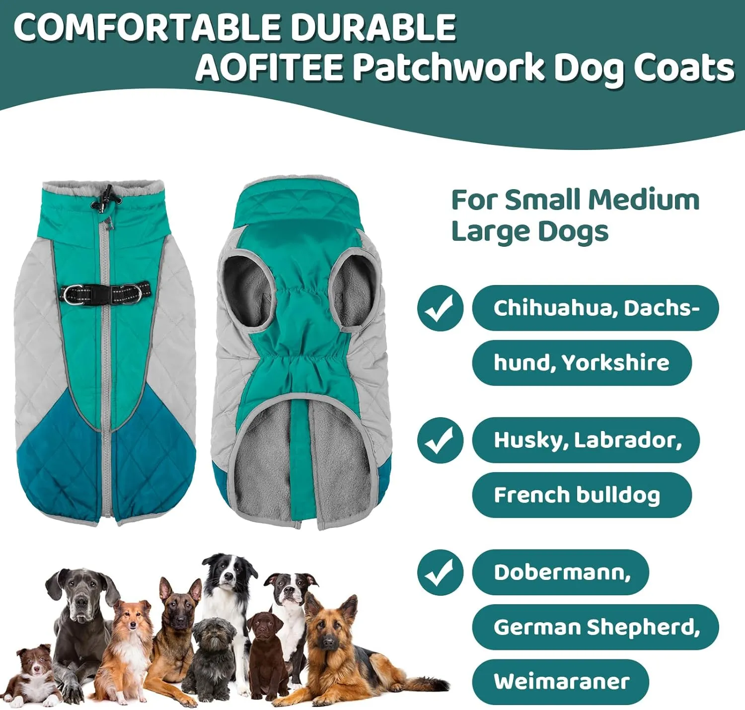 AOFITEE Dog Coat, Dog Winter Coat, Reflective Small Dogs Jacket with Harness Built in and Fleece Lined, Waterproof Pet Winter Jacket Warm Snowsuit for Small Medium Large Dogs, Green S