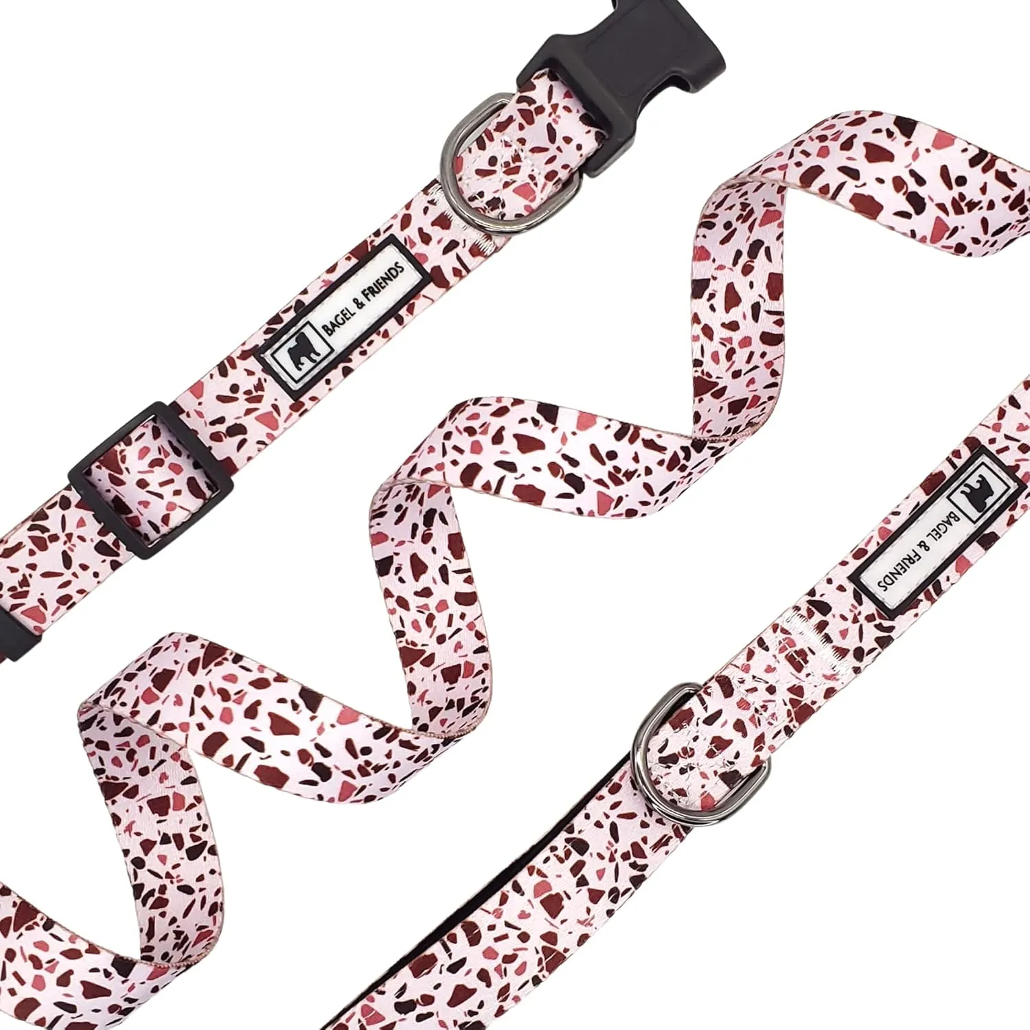 Bagel & Friends Matching Dog Collar & Leash Set XSmall, Small, Medium, Large for boy, Male, Female, Girl Dogs and Puppy (Small, Speckled in Pink)