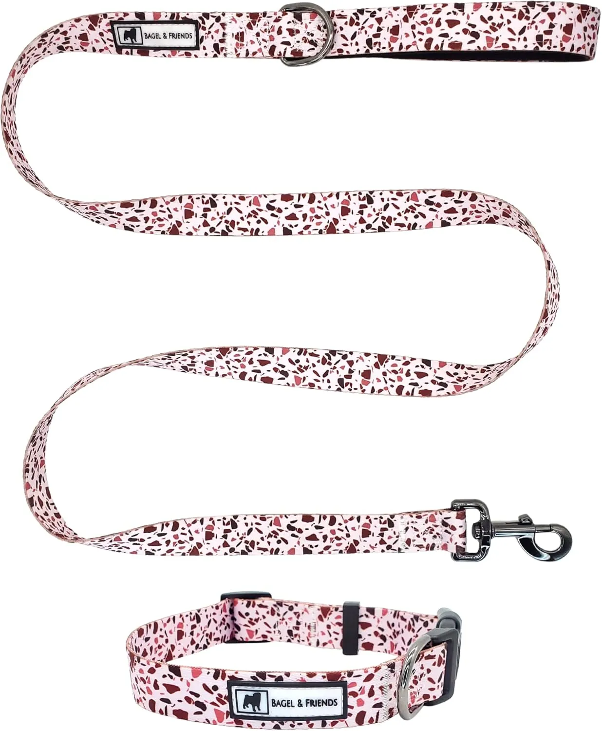 Bagel & Friends Matching Dog Collar & Leash Set XSmall, Small, Medium, Large for boy, Male, Female, Girl Dogs and Puppy (Small, Speckled in Pink)