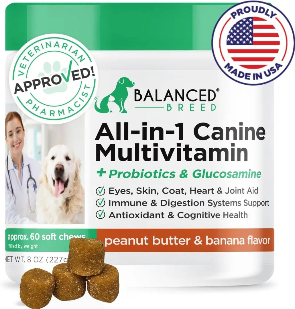 Balanced Breed All-in-1 Dog Vitamins Supplements Made in USA Non-GMO Vet-Pharmacist Approved Dog Multivitamin Probiotics Glucosamine Salmon Oil Skin Coat Supplement Dogs Senior & Adult Immune Support