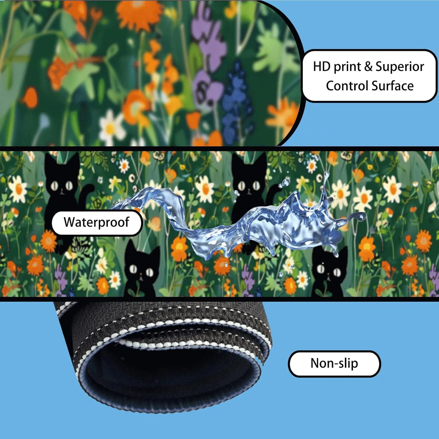 Cat Floral Mousepad - Green Plant Extended Large Mousepad Gaming XXL Keyboard Slip Smooth Washable Waterproof Desk Mat for Office 31.5"x11.8"x0.12"