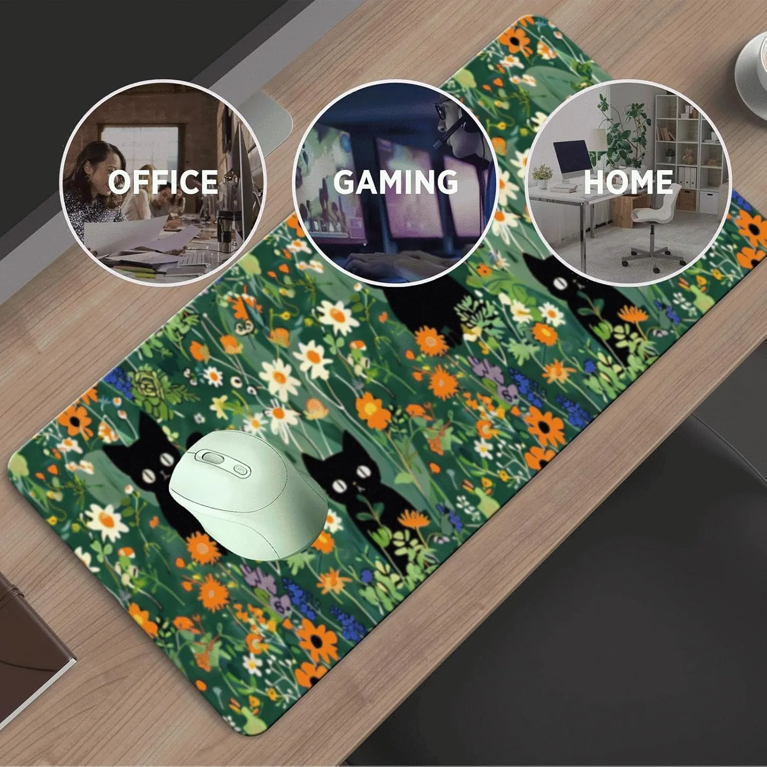 Cat Floral Mousepad - Green Plant Extended Large Mousepad Gaming XXL Keyboard Slip Smooth Washable Waterproof Desk Mat for Office 31.5"x11.8"x0.12"