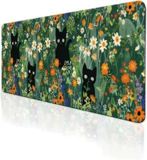 Cat Floral Mousepad - Green Plant Extended Large Mousepad Gaming XXL Keyboard Slip Smooth Washable Waterproof Desk Mat for Office 31.5"x11.8"x0.12"