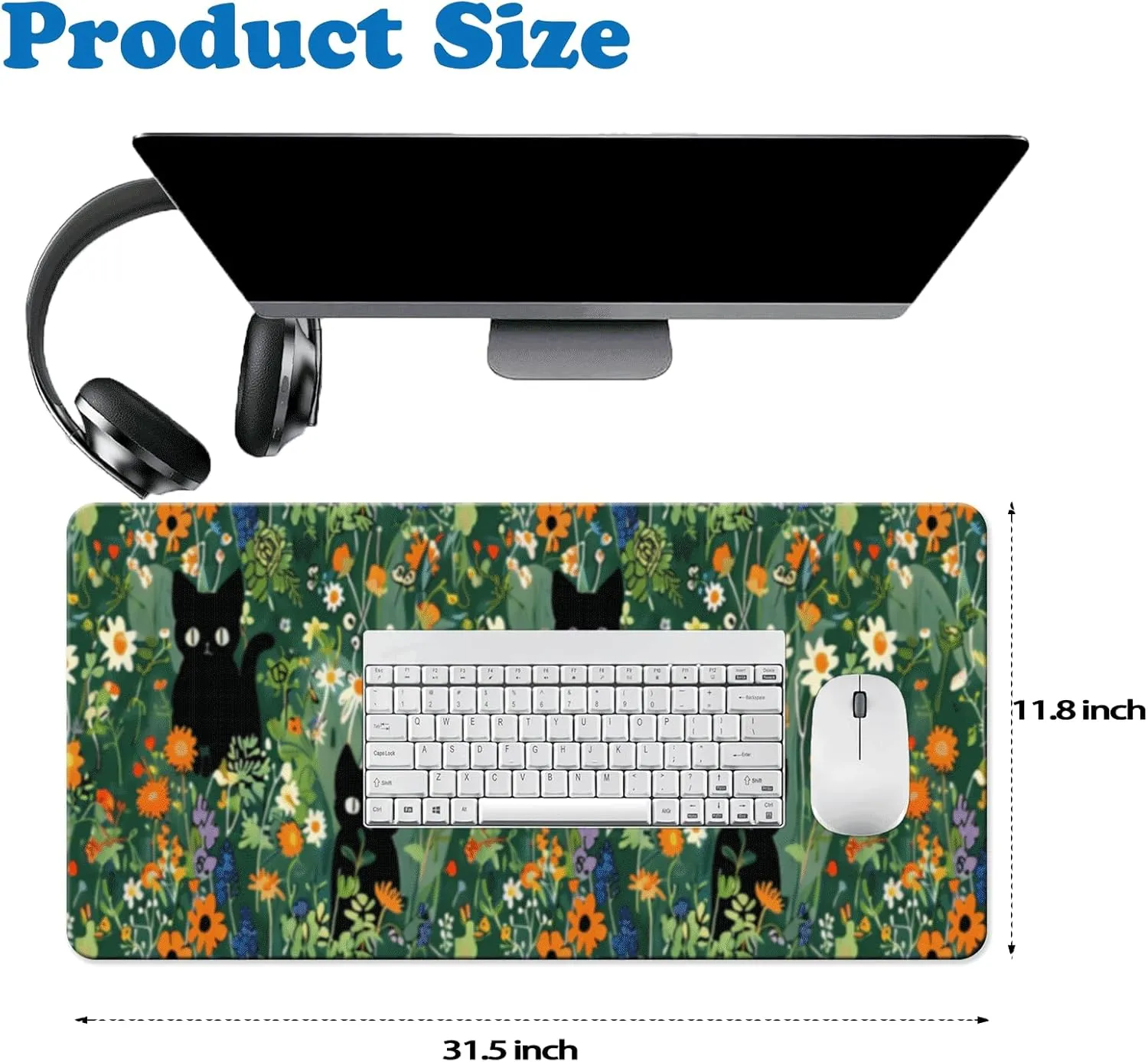 Cat Floral Mousepad - Green Plant Extended Large Mousepad Gaming XXL Keyboard Slip Smooth Washable Waterproof Desk Mat for Office 31.5"x11.8"x0.12"