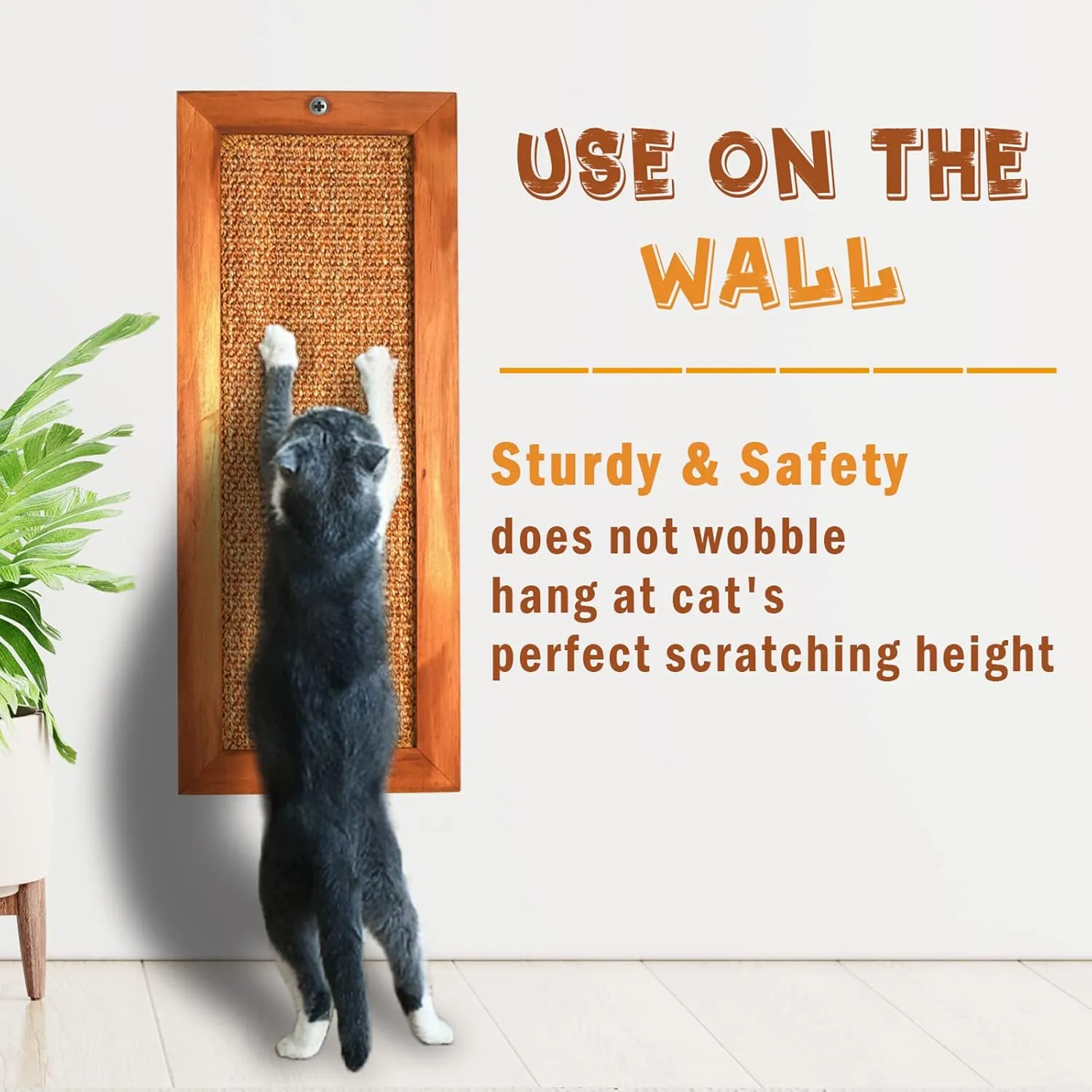 Cat Scratching Post, Wooden Sisal Wall Scratcher, Floor or Wall Mounted Vertical Scratch Pad for Indoor Cats, Adults or Kittens, Furniture Protector