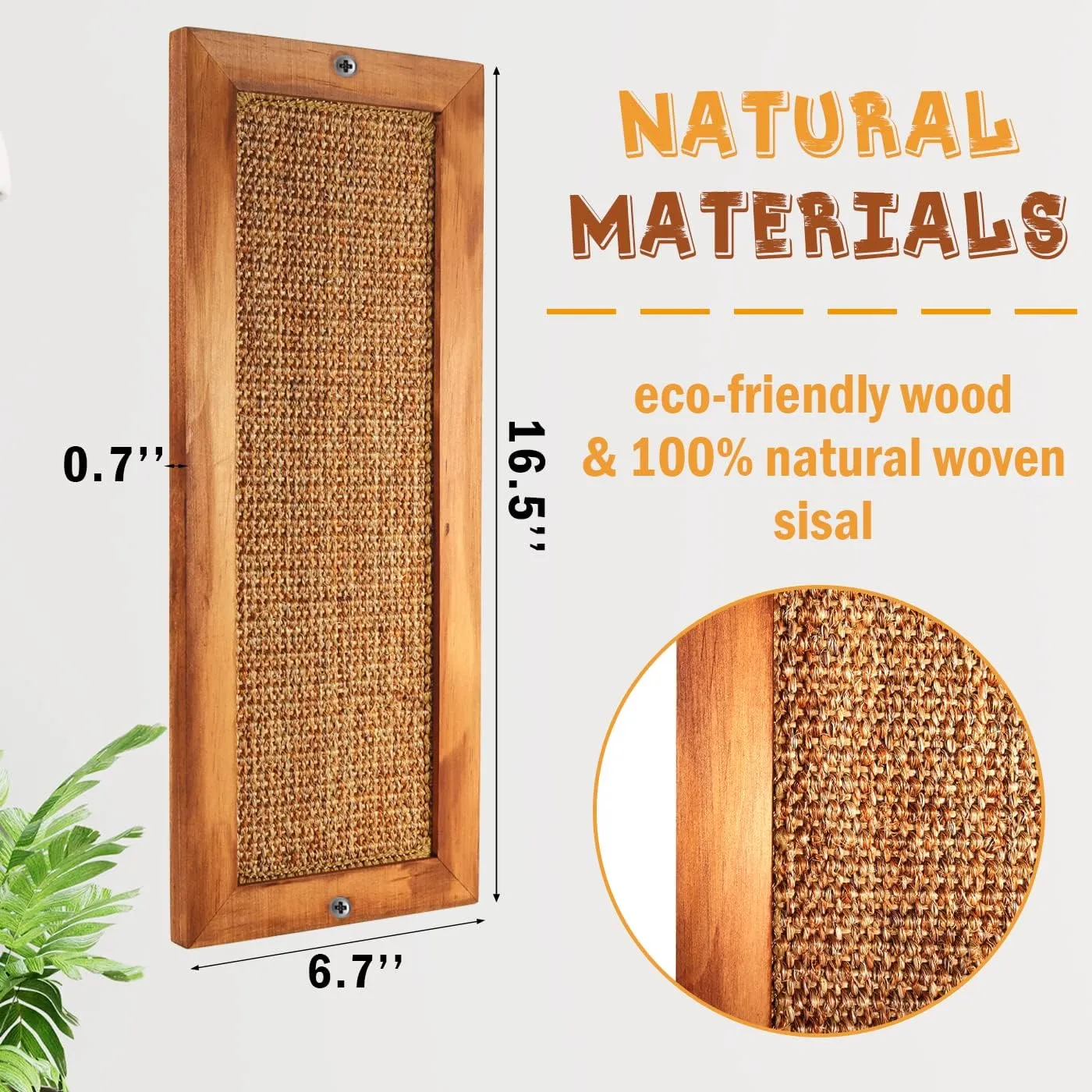 Cat Scratching Post, Wooden Sisal Wall Scratcher, Floor or Wall Mounted Vertical Scratch Pad for Indoor Cats, Adults or Kittens, Furniture Protector