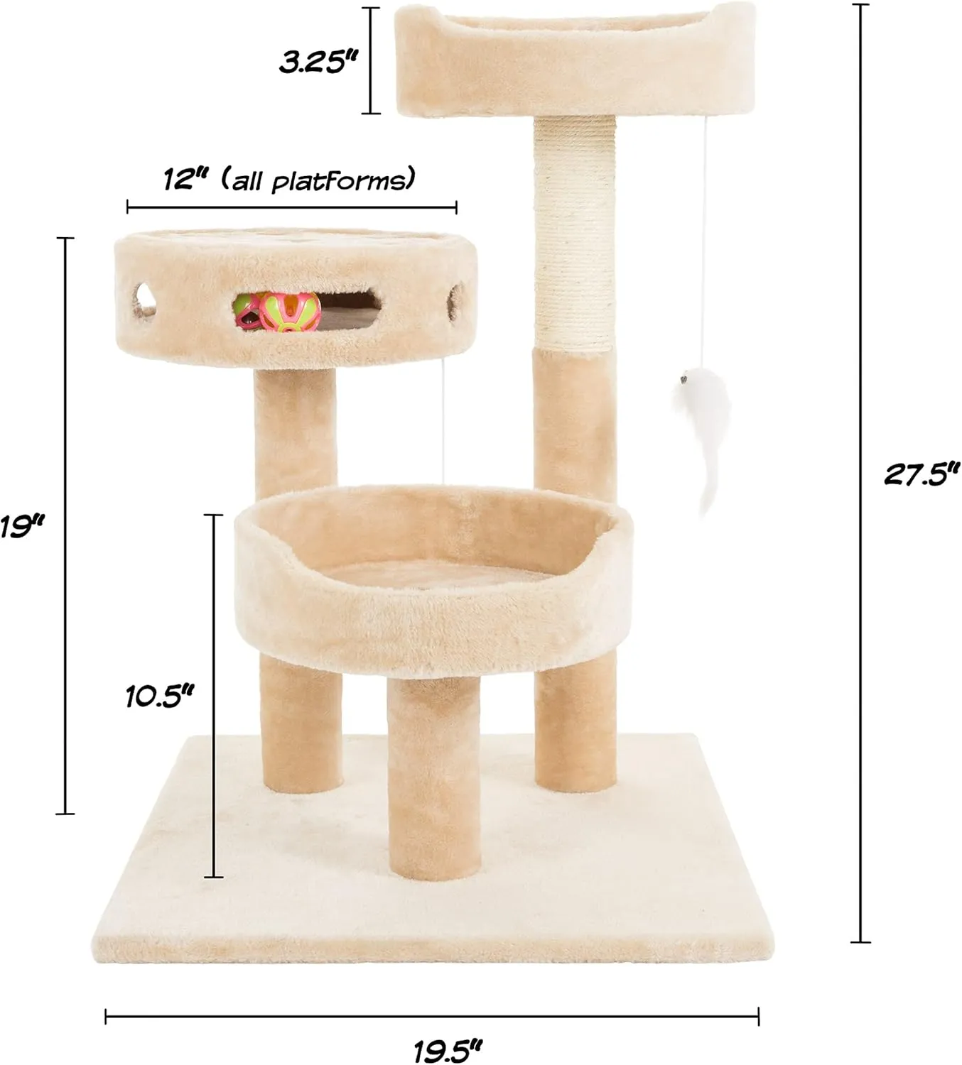Cat Tree - 3-Tier Tall Cat Tower Condo with 2 Napping Perches, Sisal Rope Scratching Post, Hanging Mouse and Interactive Wheel Toy by PETMAKER (Beige), 27.5"
