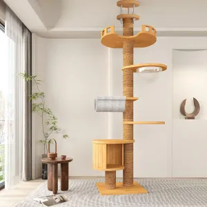 Cat Tree Floor to Ceiling(92"-110") Cat Tower Height Adjustable,Wooden Cat Tree with Cat Condo,Space Capsule,Cat Jumping Platform,Natural Sisal Rope Scratching Post,Bed,Interactive Toy