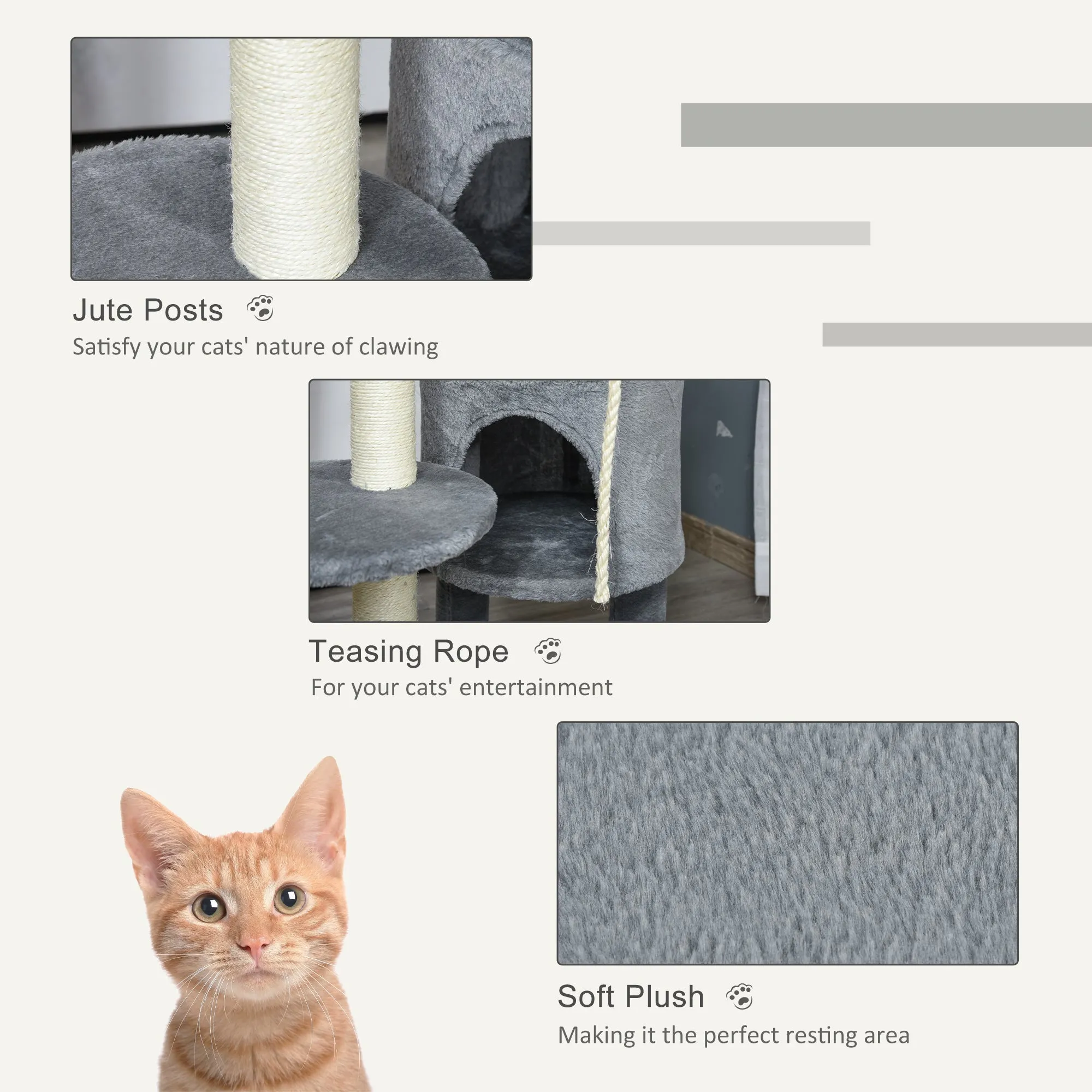 Cat Tree Tower Activity Center with Hanging Ball Toy Teasing Rope Dark grey
