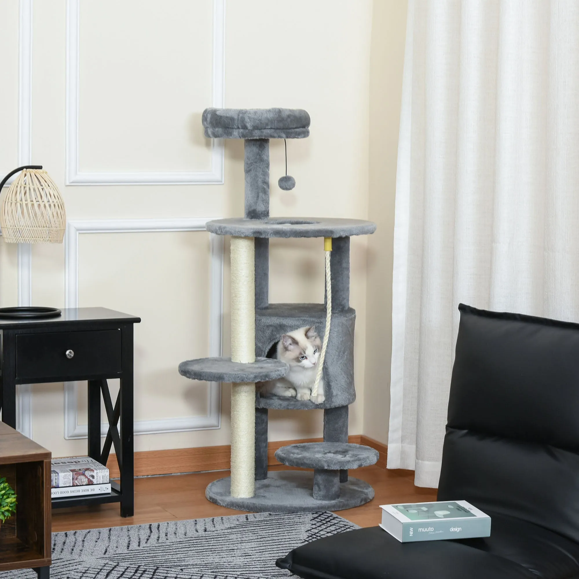 Cat Tree Tower Activity Center with Hanging Ball Toy Teasing Rope Dark grey