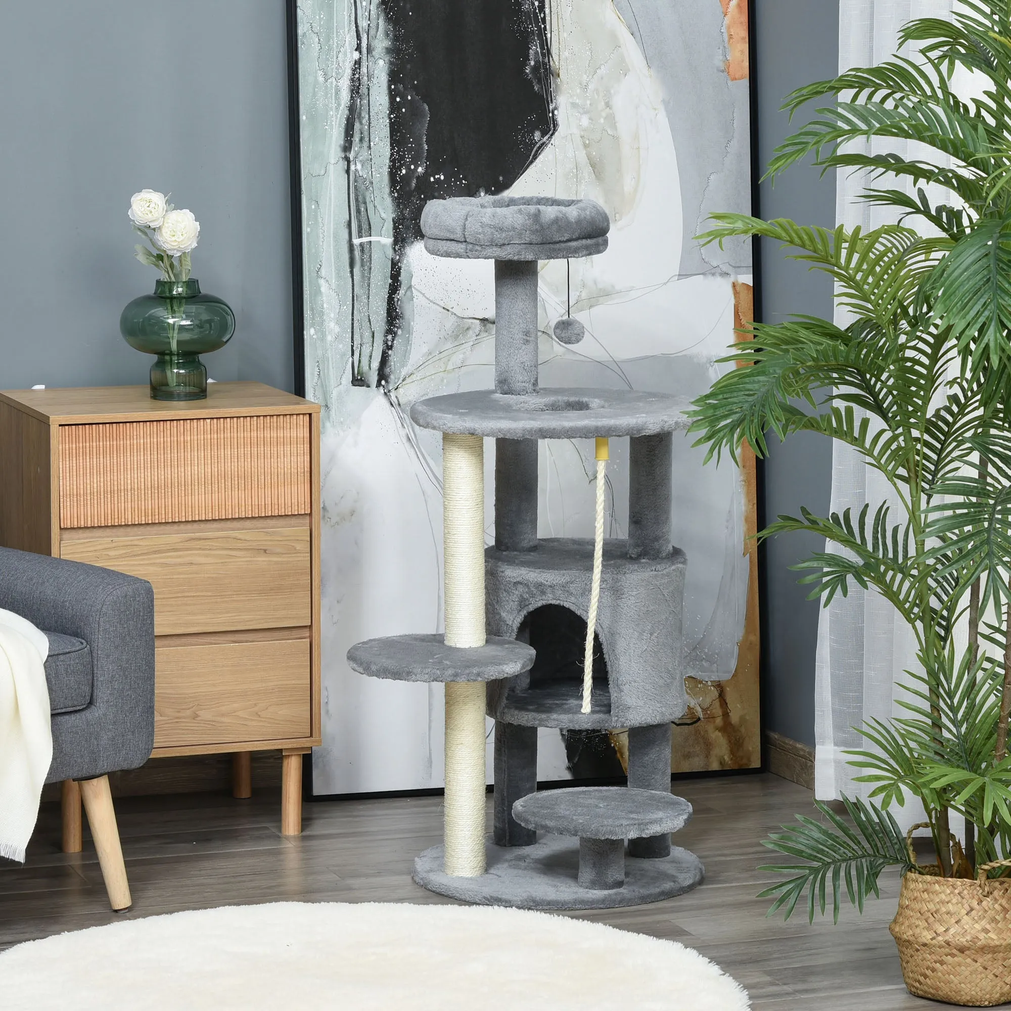 Cat Tree Tower Activity Center with Hanging Ball Toy Teasing Rope Dark grey