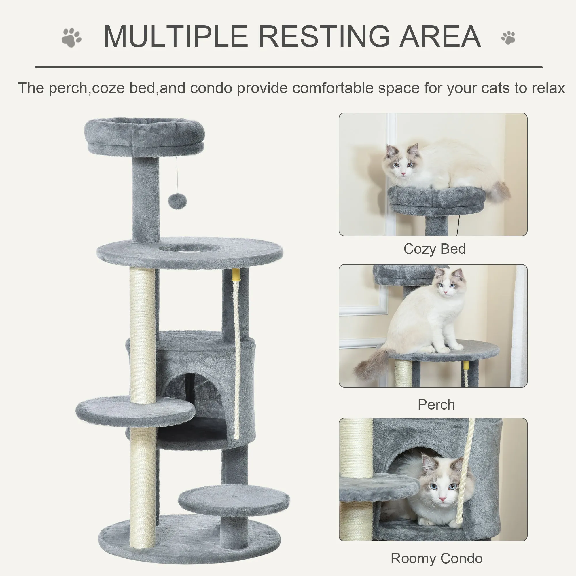 Cat Tree Tower Activity Center with Hanging Ball Toy Teasing Rope Dark grey