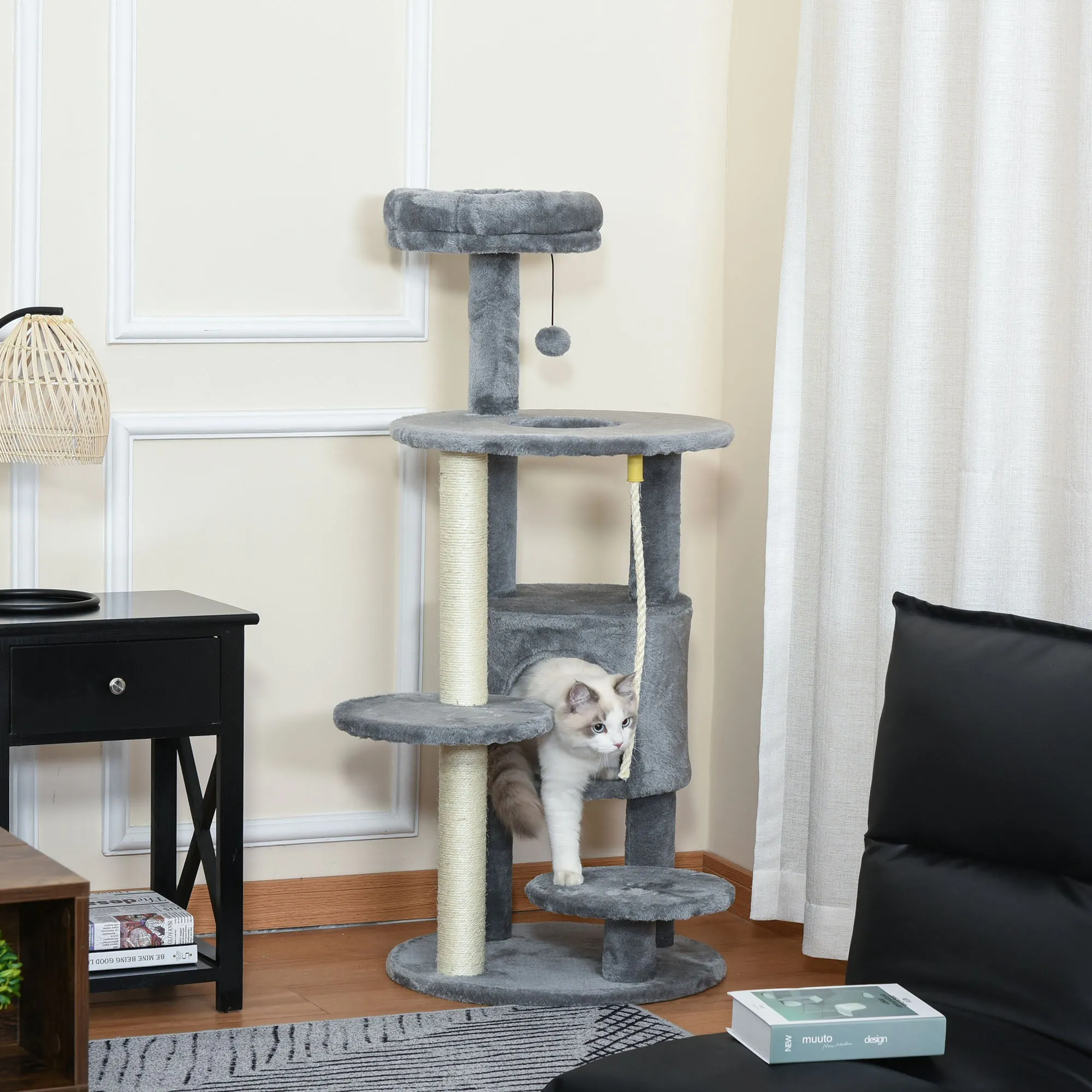 Cat Tree Tower Activity Center with Hanging Ball Toy Teasing Rope Dark grey