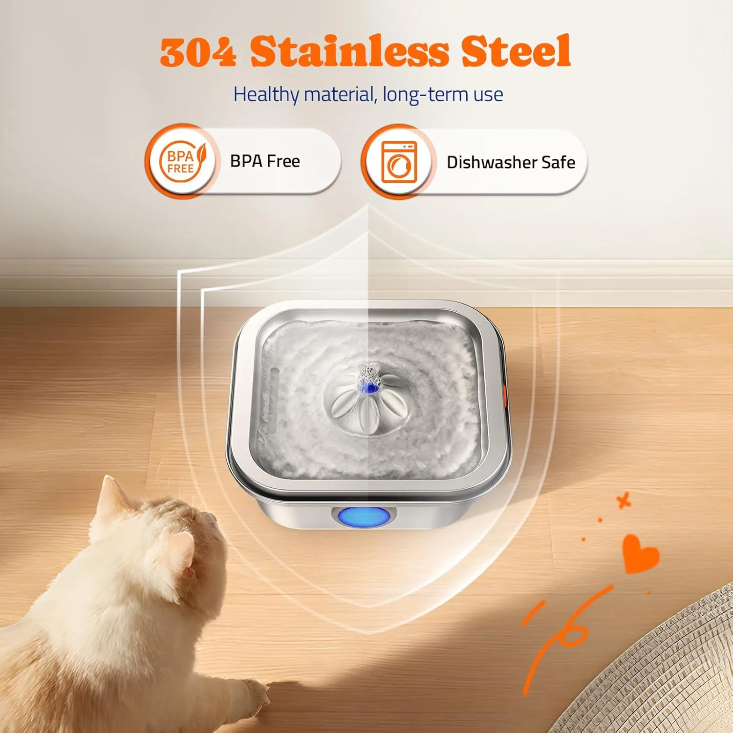 Cat Water Fountain Stainless Steel, 4L/135oz Pet Fountain, Automatic Dog Drinking Dispenser with Water Level Window, Filter, Quiet Pump, Silver