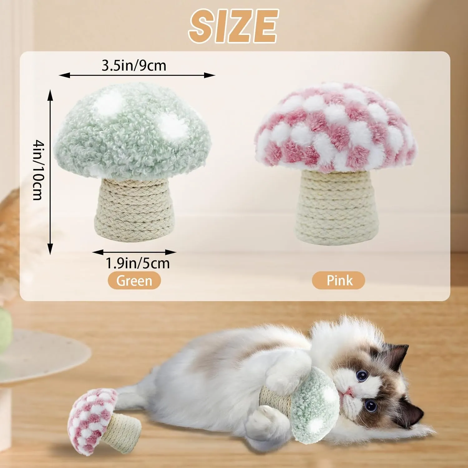 Catnip Toys for Cats, Cute Plush Mushroom Shape Cat Toys for Indoor Cats Adult, Built-in Sound Stone Cat Chew Toy for Teeth Cleaning Interactive Boredom Relief (Green)