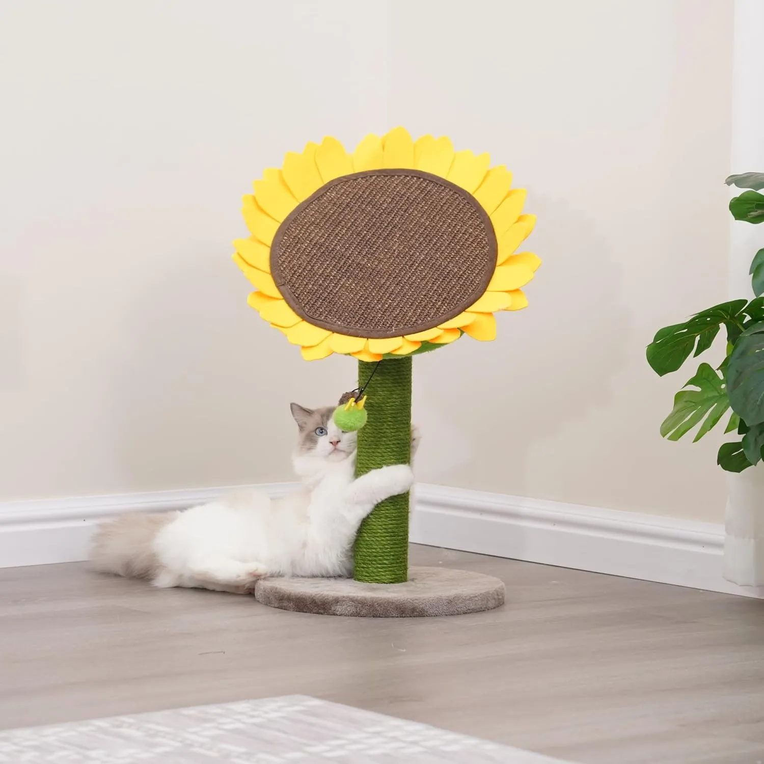 Catry 23" High 2 Level Sunflower Cat Scratcher with Sisal Scratching Post and Bee Toy,Transformable Sunflower Scratching Pad, Natural Sunflower Design.