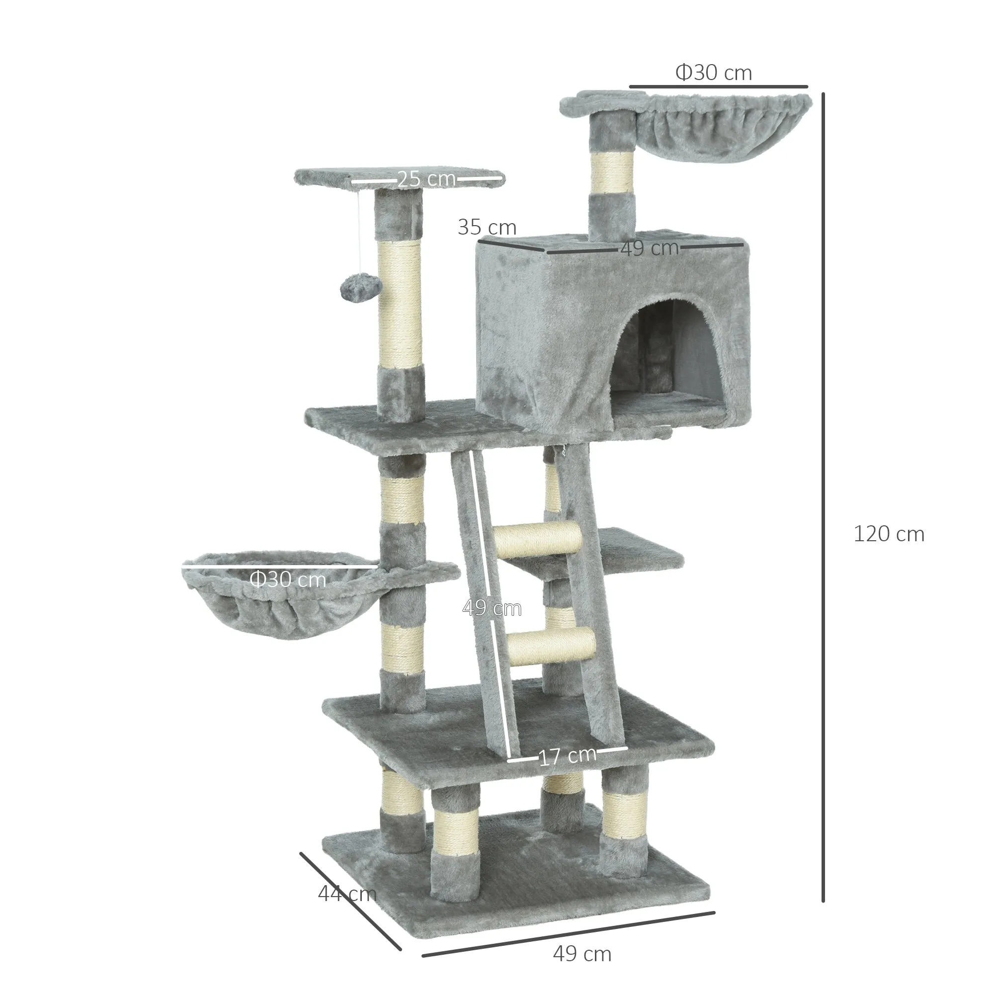 Cats 6-Tier Sisal Rope Activity Tree w/ Dangle Toy Grey