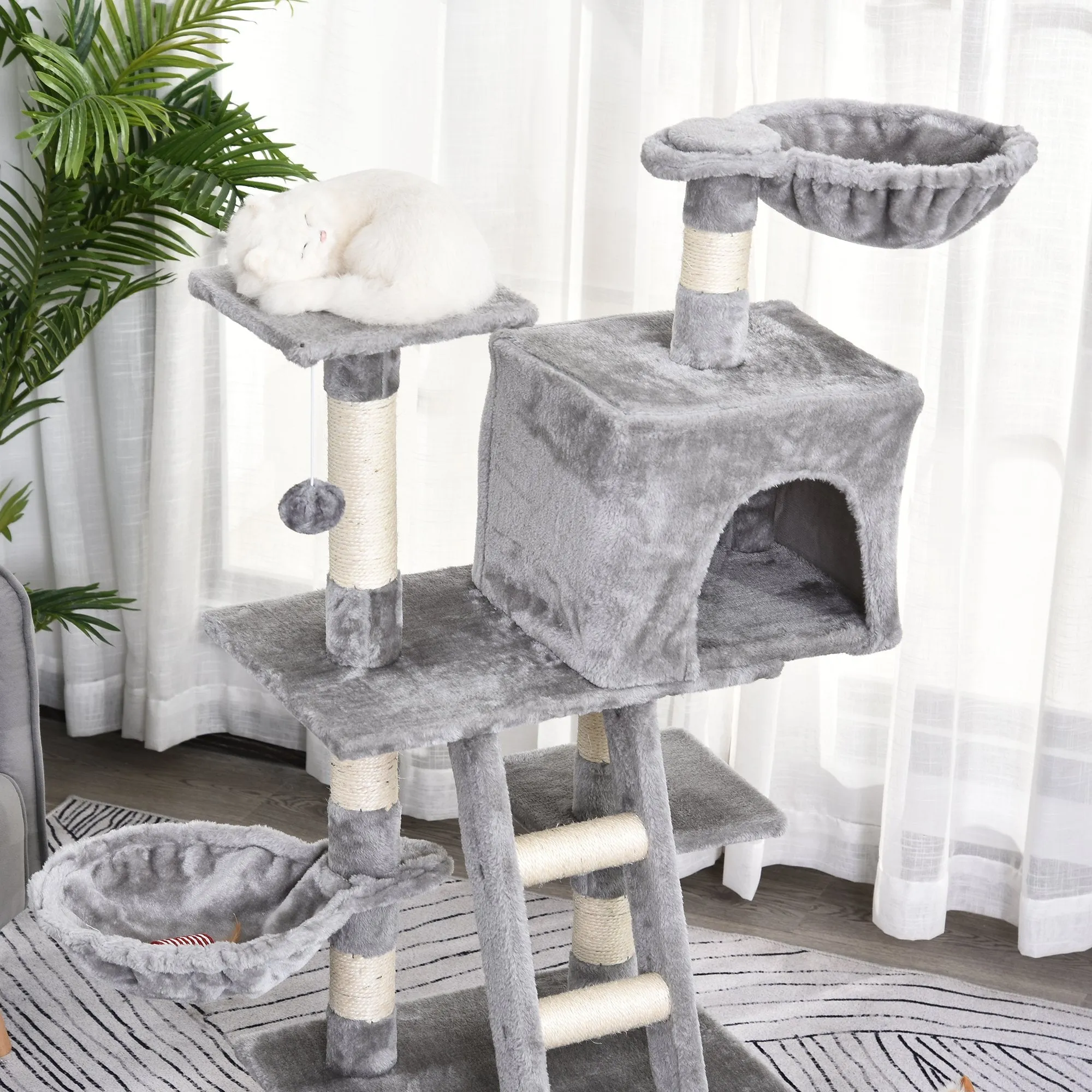 Cats 6-Tier Sisal Rope Activity Tree w/ Dangle Toy Grey