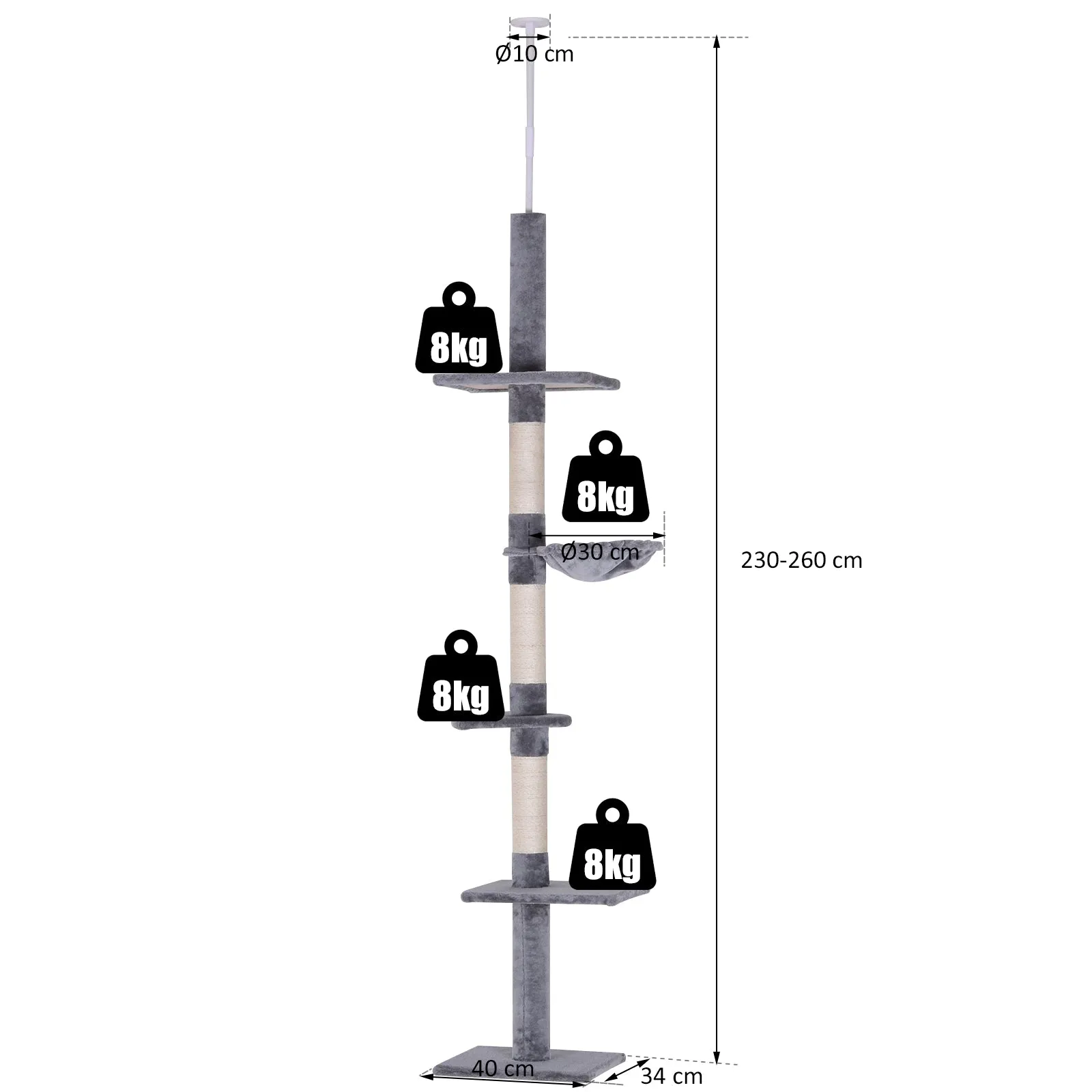 Cats Floor to Ceiling Scratching Post w/ 5-Tier Plush Leisure Platforms Grey