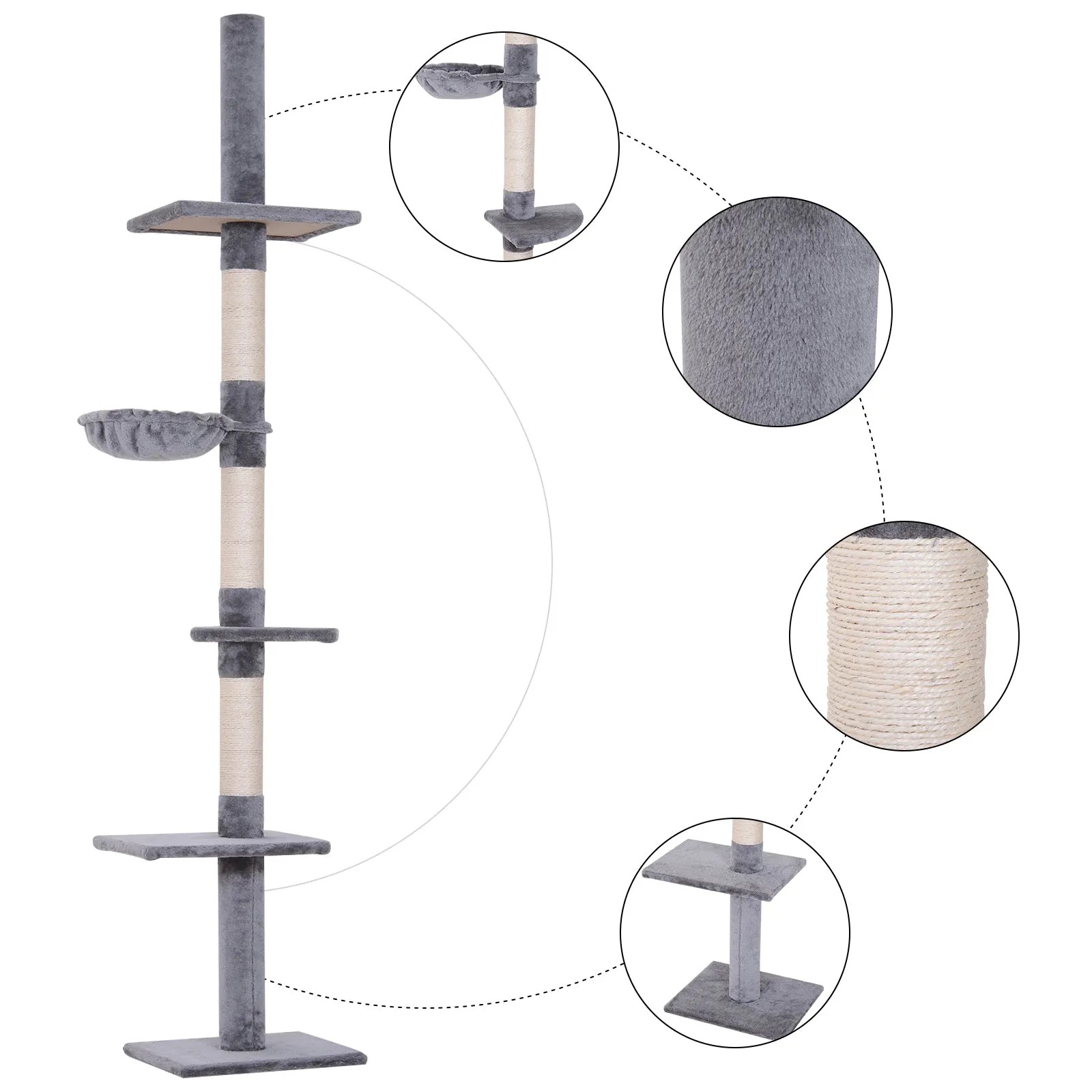 Cats Floor to Ceiling Scratching Post w/ 5-Tier Plush Leisure Platforms Grey