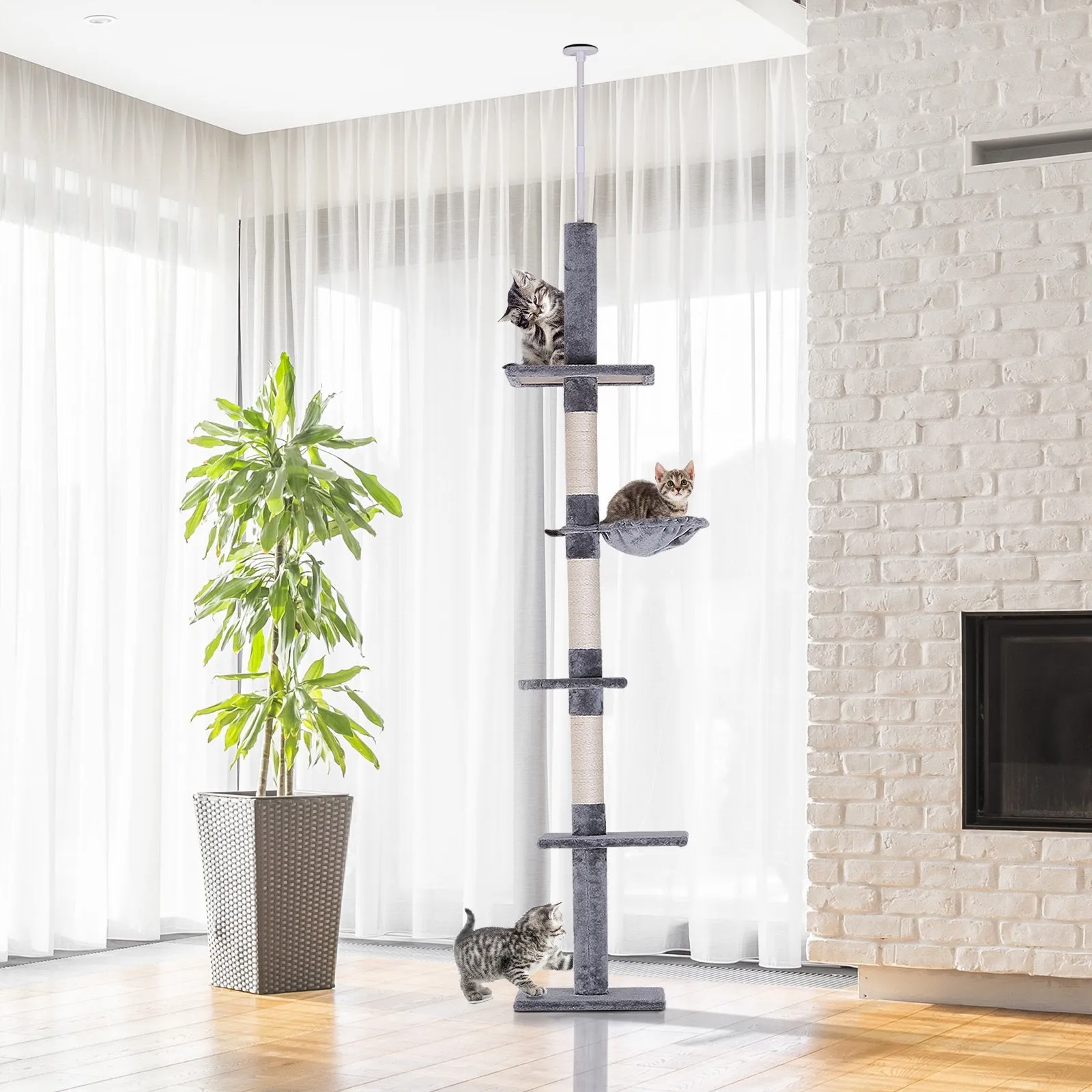Cats Floor to Ceiling Scratching Post w/ 5-Tier Plush Leisure Platforms Grey