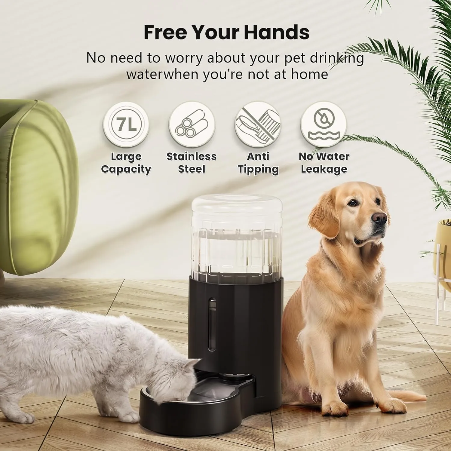 CZPET Automatic 7L Dog and Cat Water Dispenser with Stainless Steel Bowl Gravity Waterer,100% BPA-Free,Large Capacity and Drinking Area Noise-Free for Pets(7L Water Dispenser, Black)