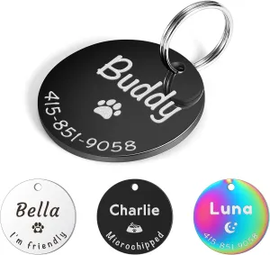 Dog Tags Personalized for Dog and Cat, Custom Laser Engraved with Lovely Icons Dog Name Tag, Durable Stainless Steel Dog Id Tag with 4 Sizes Perfect Fit for pet's Collar (Black, XS)