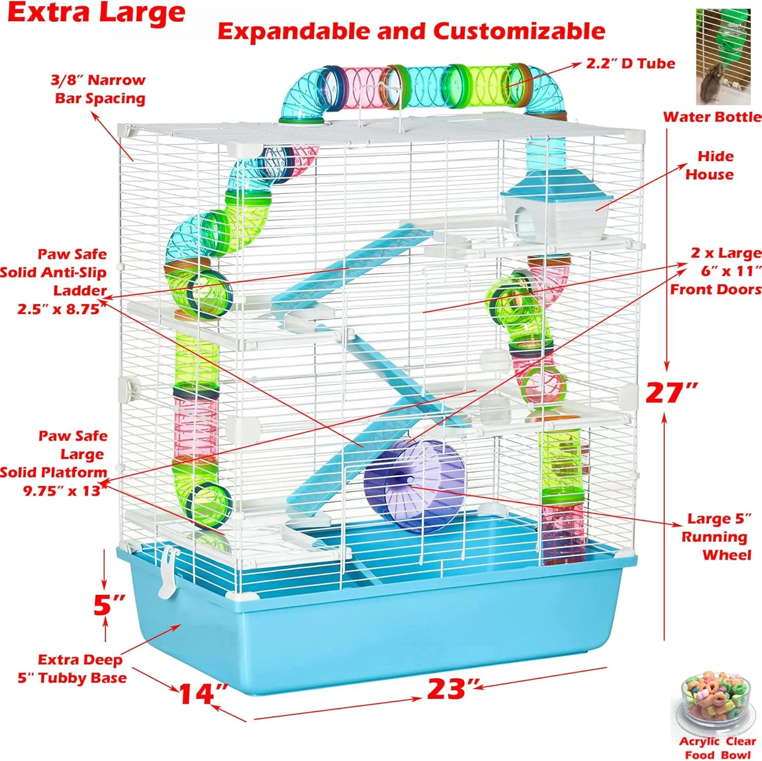 Extra Large 23" Multi-Tiers Hamster Palace Gerbil Habitat Mouse House Mice Home Critters Cage with Complete Set of Accessories Expandable and Customizable with Hide House Food Bowl Running Wheel