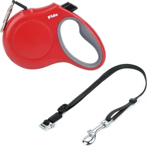 Fida Retractable Dog Leash & Dual Dog Leash Accessory, Patented Roller Design, No Tangle, Reflective, Adjustable 15' to 30', Red, Small & Medium Dogs Up to 65lbs