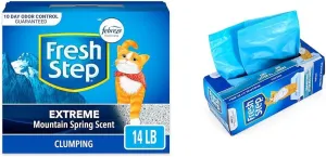 Fresh Step Clumping Cat Litter, Extreme, Long Lasting Odor Control with Activated Charcoal, Low Dust Formula, 14 lb & Fresh Step Drawstring Litter Box Liners Scented, Large Size, 30" x 17" - 7 Count