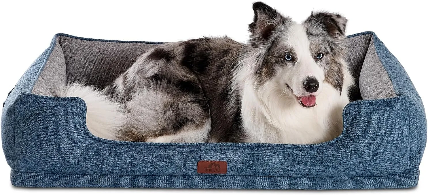 Hollypet Orthopedic Rectangle Dog Bed for Large Dogs, Supportive Egg-Crate Foam Pet Beds with Removable Washable Waterproof Cover and Non-Slip Bottom, Blue, 38" L x 29" W x 8.5" Th